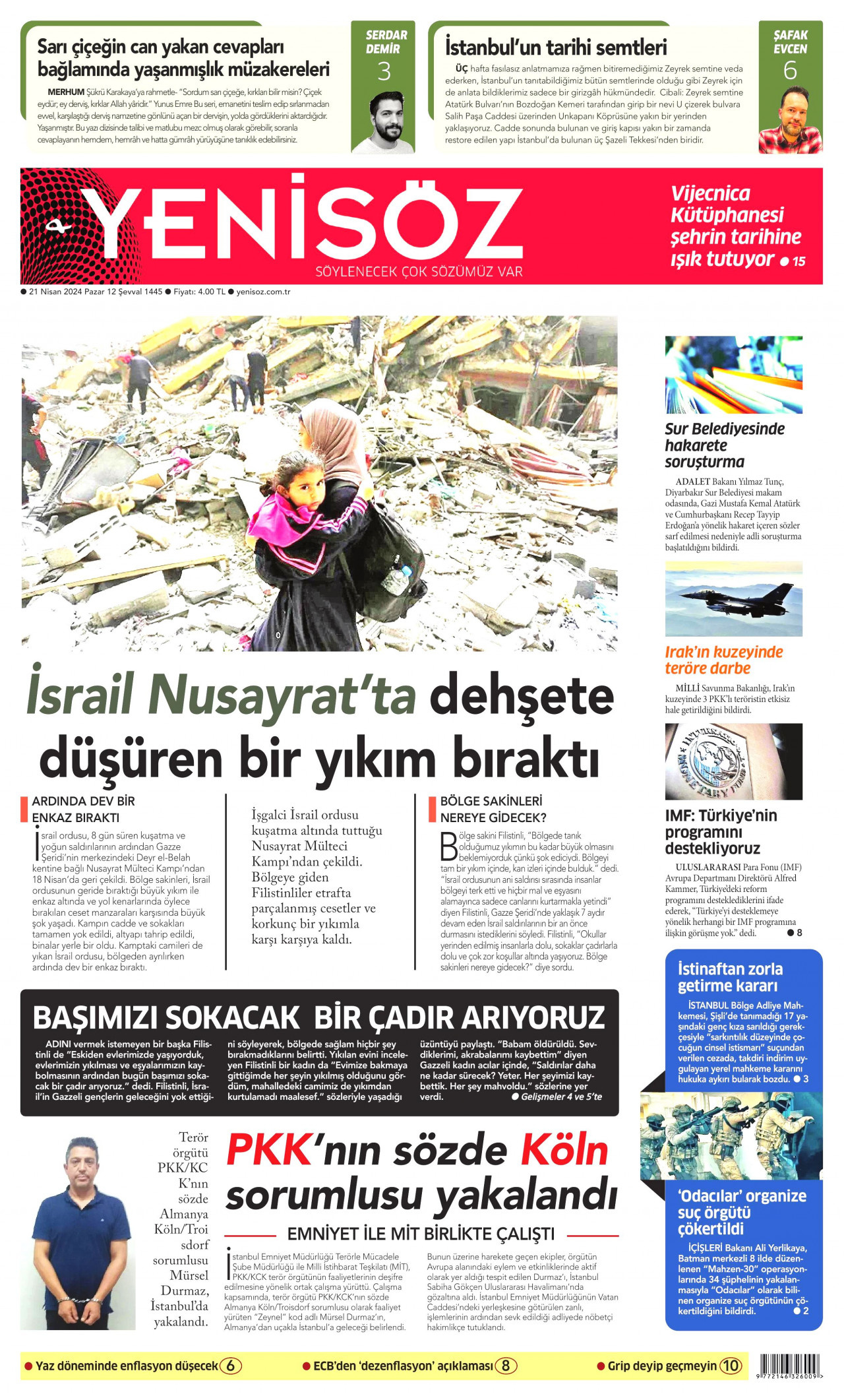 YENİ SÖZ GAZETESİ gazetesinin 21 Nisan 2024 tarihli birinci sayfası