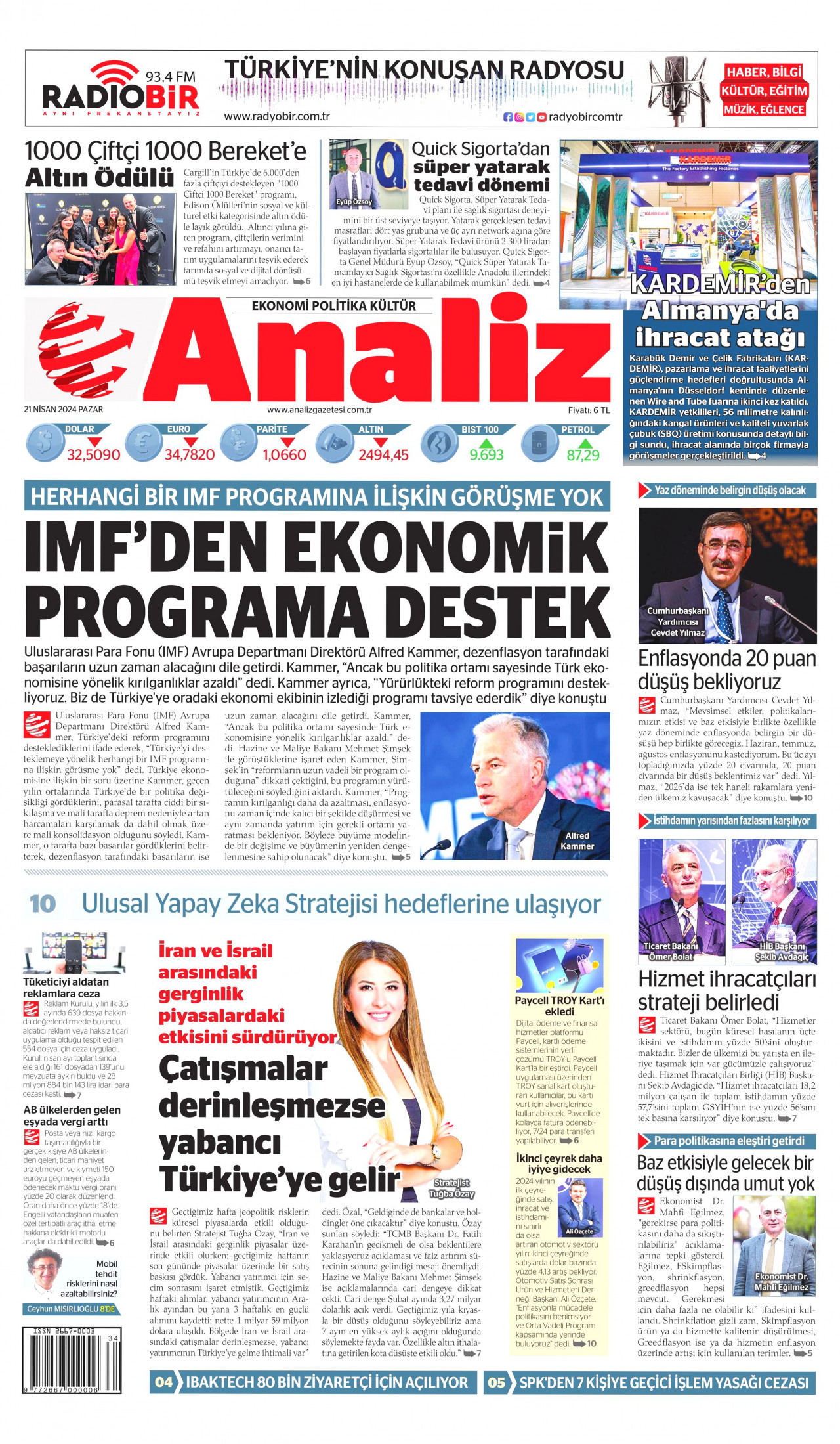 ANALİZ gazetesinin 21 Nisan 2024 tarihli birinci sayfası
