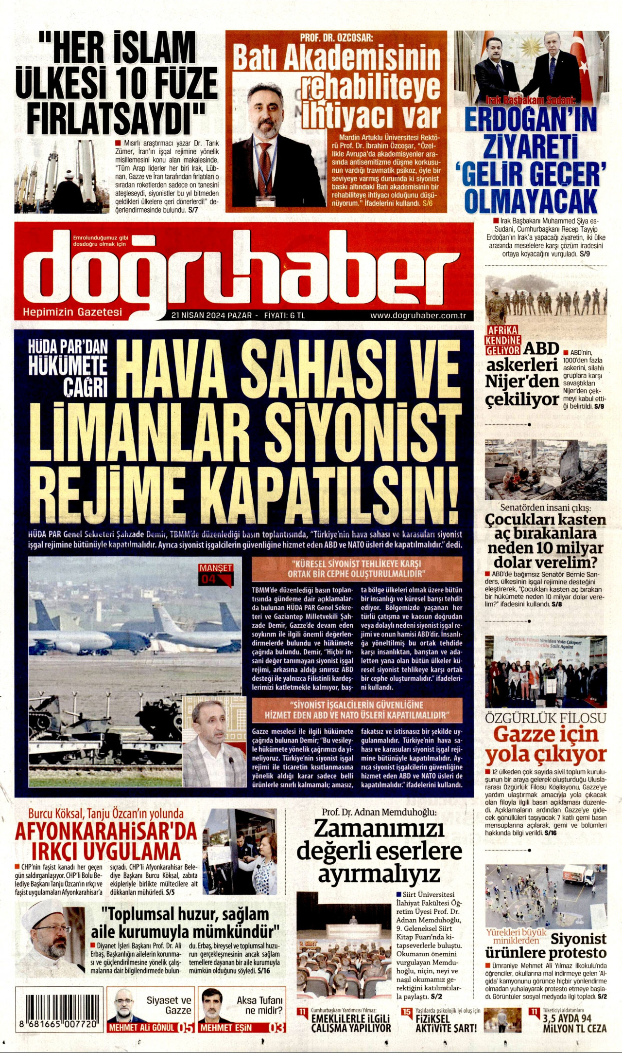 DOĞRU HABER gazetesinin 21 Nisan 2024 tarihli birinci sayfası