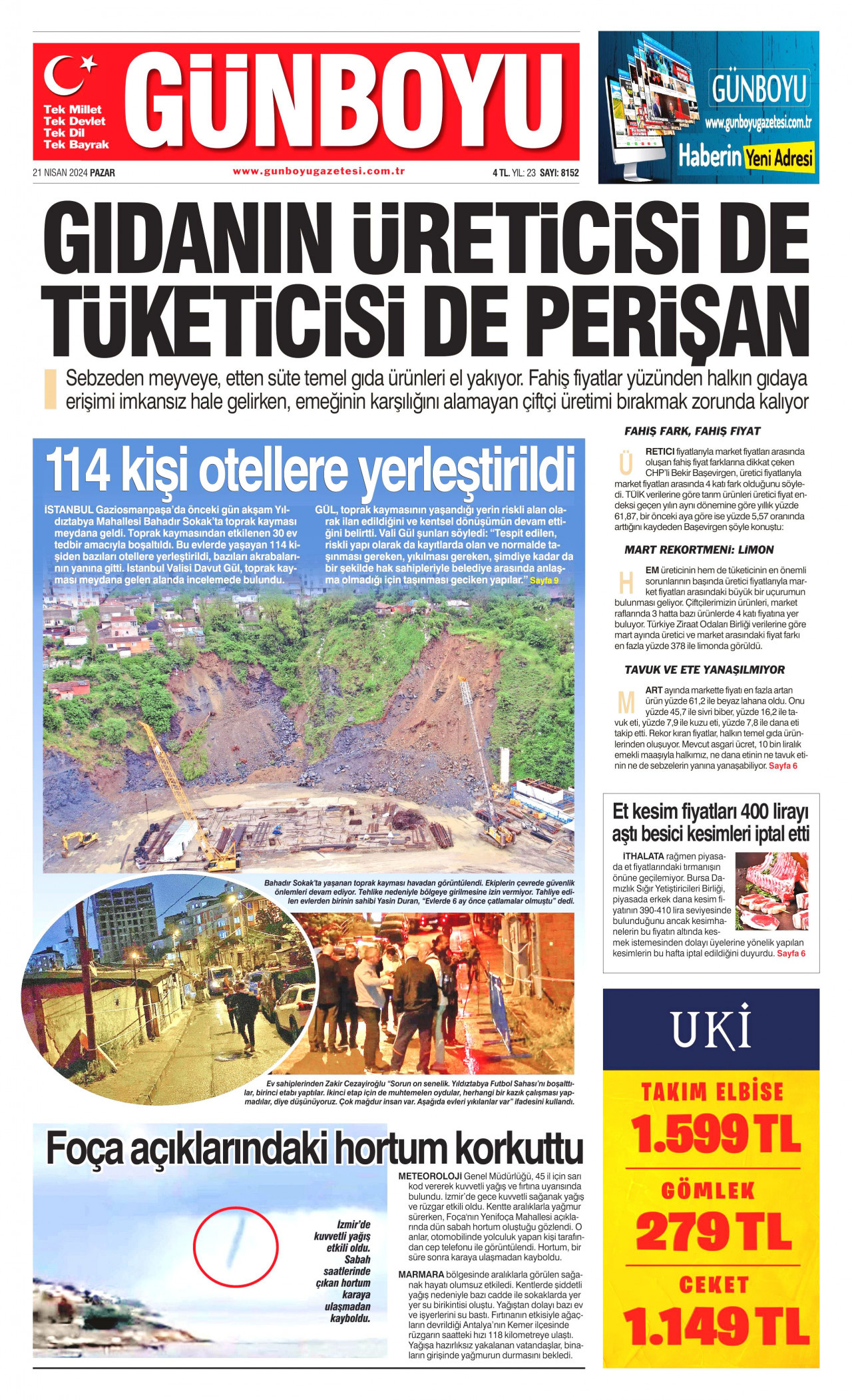 GÜNBOYU gazetesinin 21 Nisan 2024 tarihli birinci sayfası
