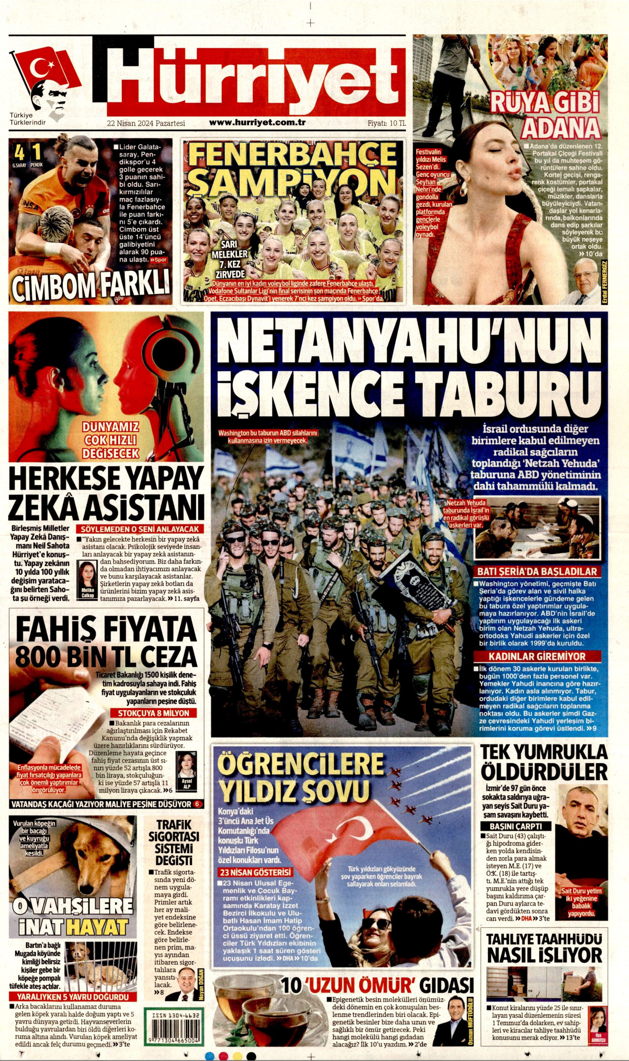 HÜRRİYET gazetesinin 22 Nisan 2024 tarihli birinci sayfası