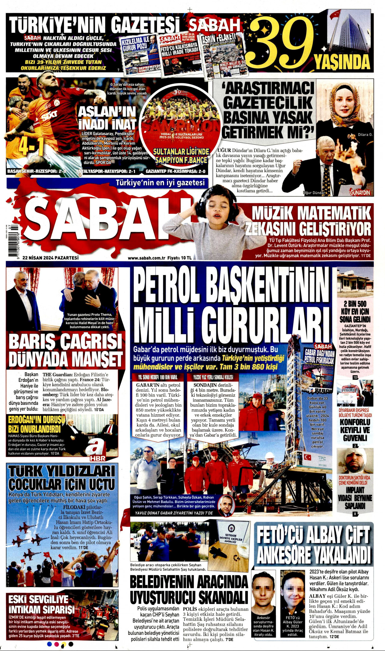 SABAH gazetesinin 22 Nisan 2024 tarihli birinci sayfası