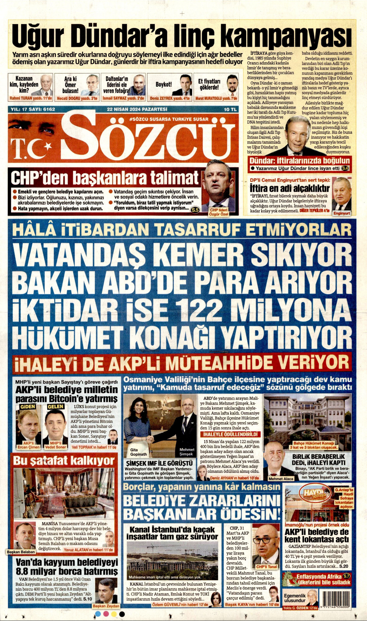 SÖZCÜ gazetesinin 22 Nisan 2024 tarihli birinci sayfası