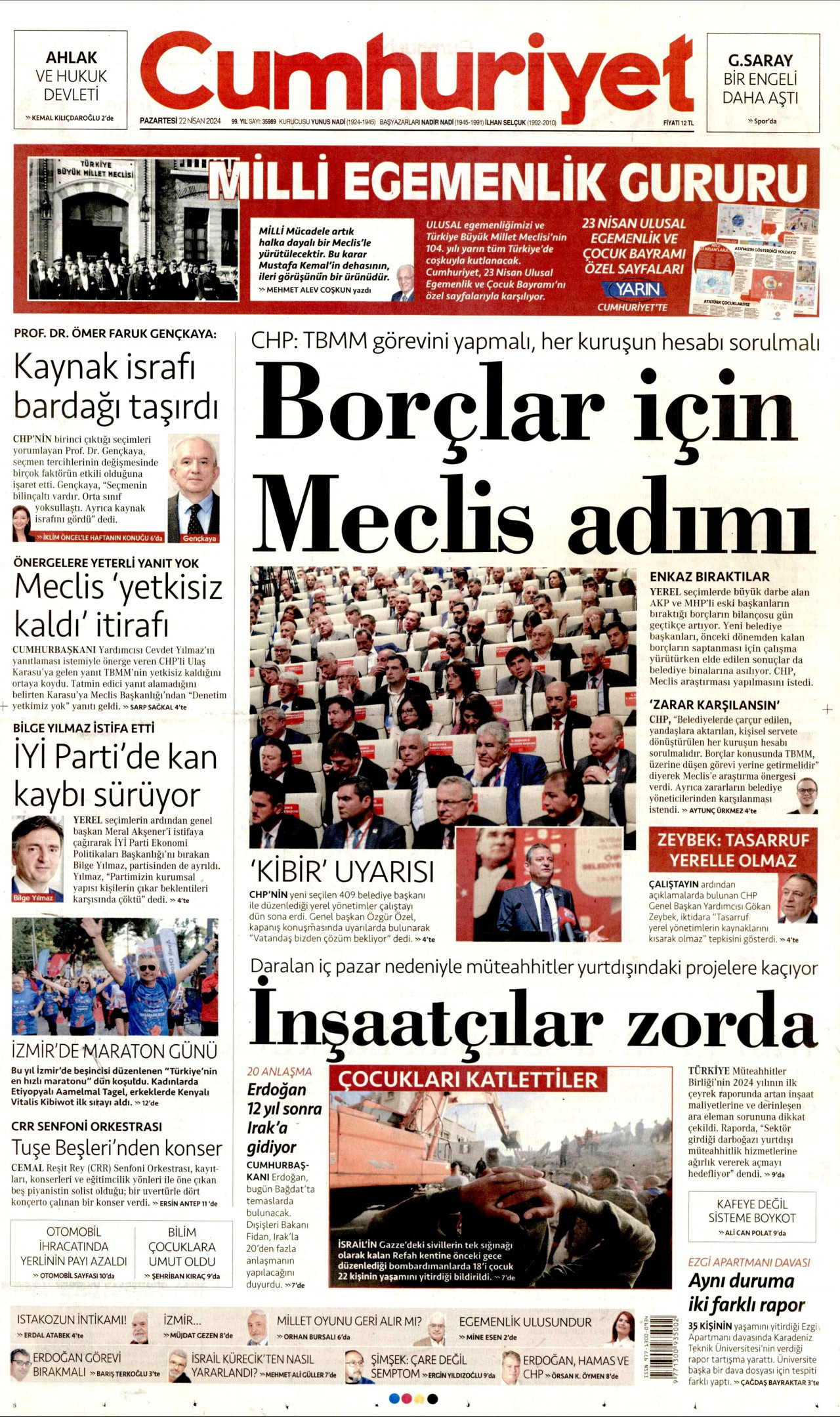 CUMHURİYET gazetesinin 22 Nisan 2024 tarihli birinci sayfası