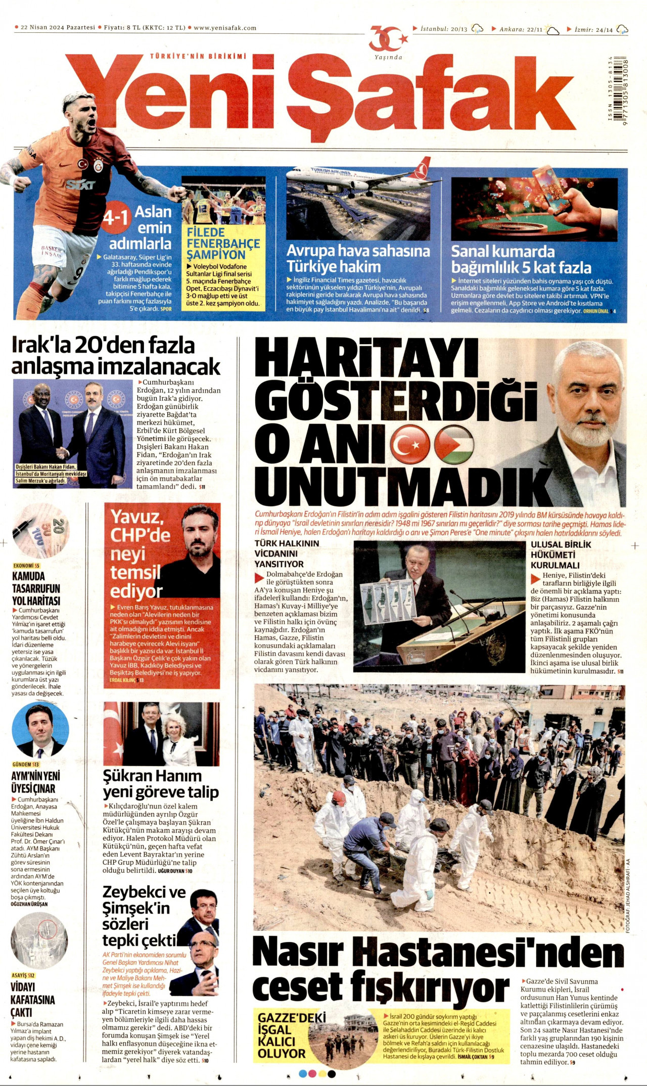 YENİ ŞAFAK gazetesinin 22 Nisan 2024 tarihli birinci sayfası