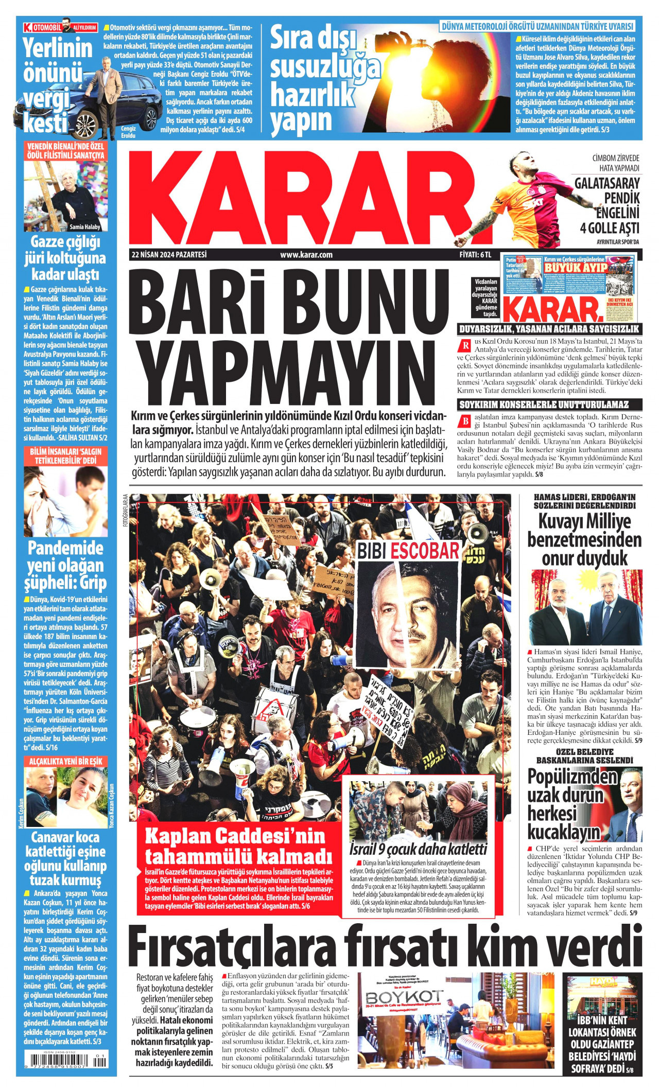 KARAR gazetesinin 22 Nisan 2024 tarihli birinci sayfası