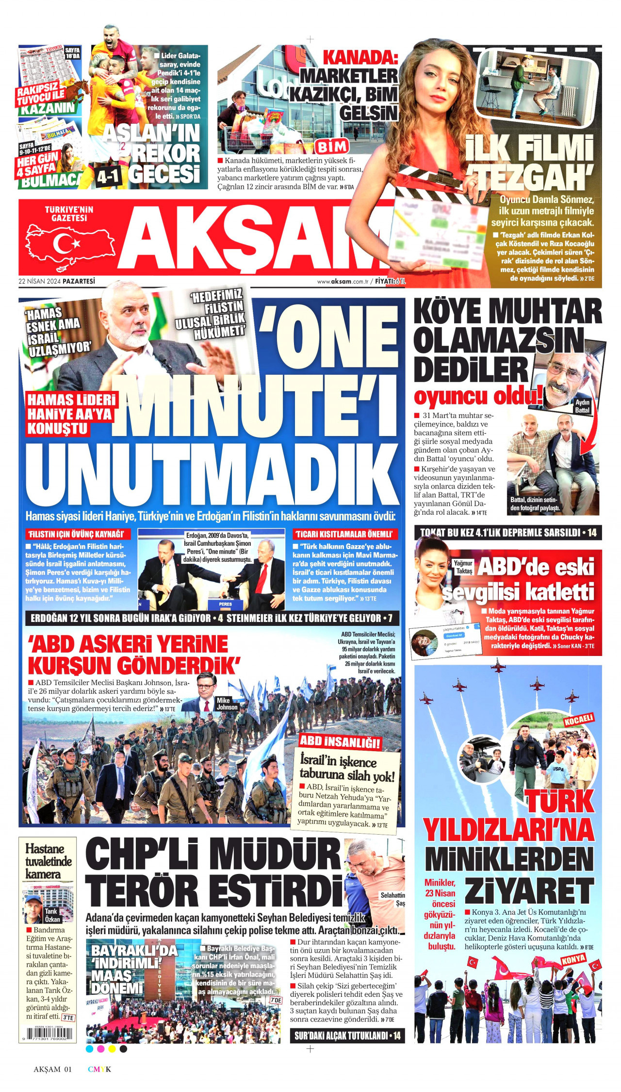 AKŞAM gazetesinin 22 Nisan 2024 tarihli birinci sayfası