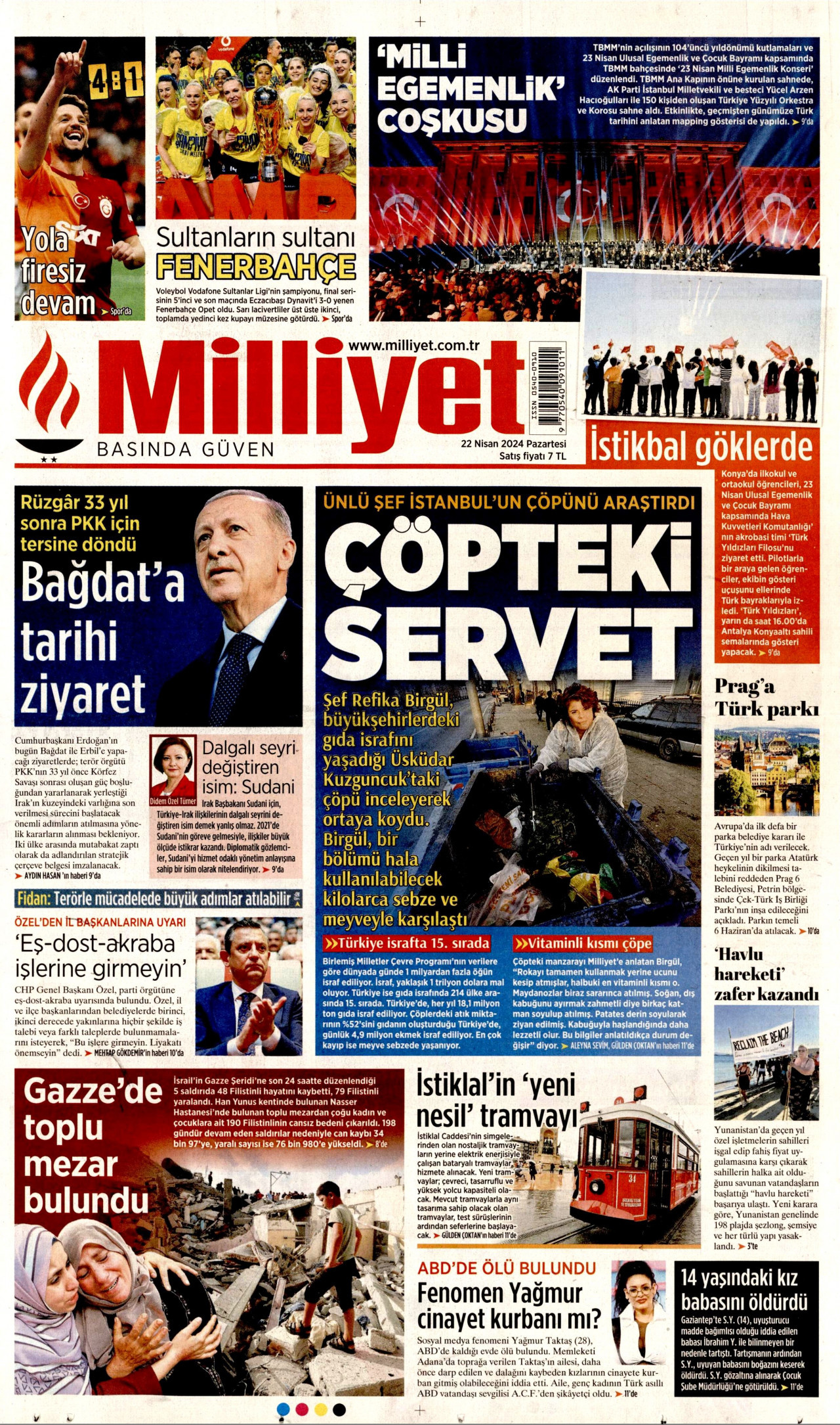 MİLLİYET gazetesinin 22 Nisan 2024 tarihli birinci sayfası