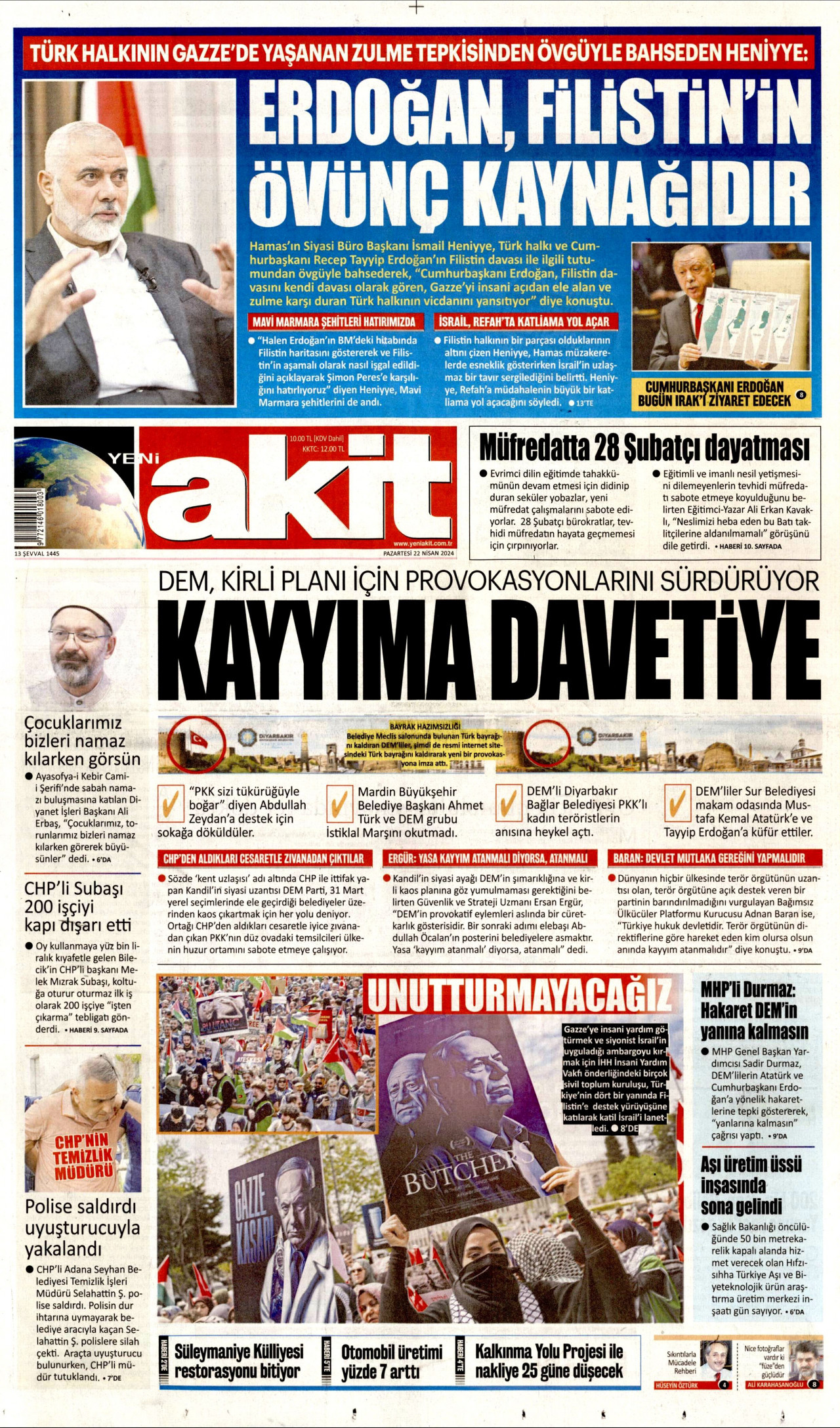 YENİ AKİT gazetesinin 22 Nisan 2024 tarihli birinci sayfası