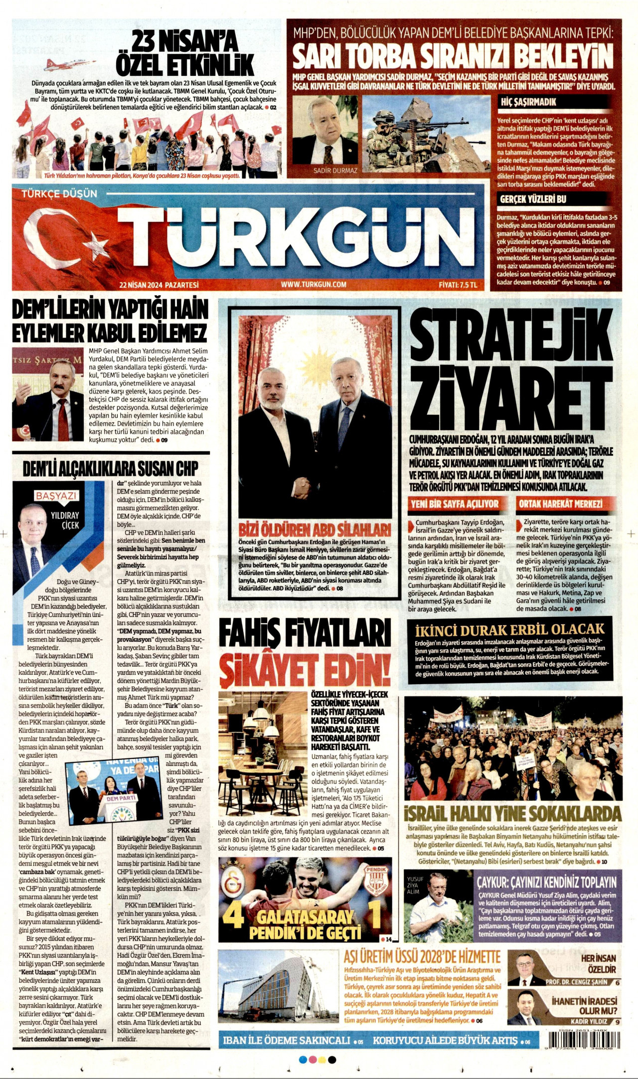 TÜRKGÜN gazetesinin 22 Nisan 2024 tarihli birinci sayfası