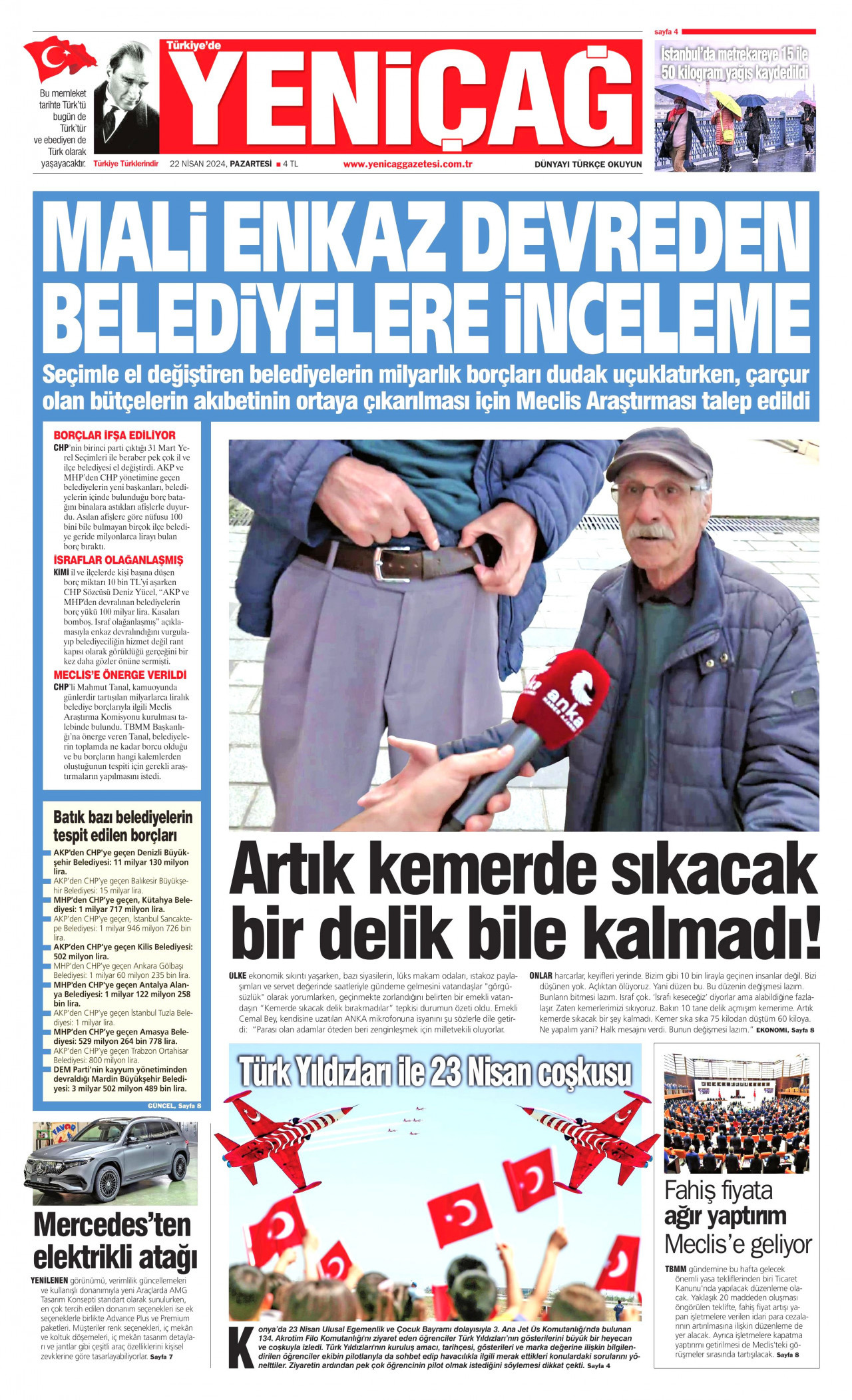 YENİÇAĞ gazetesinin 22 Nisan 2024 tarihli birinci sayfası