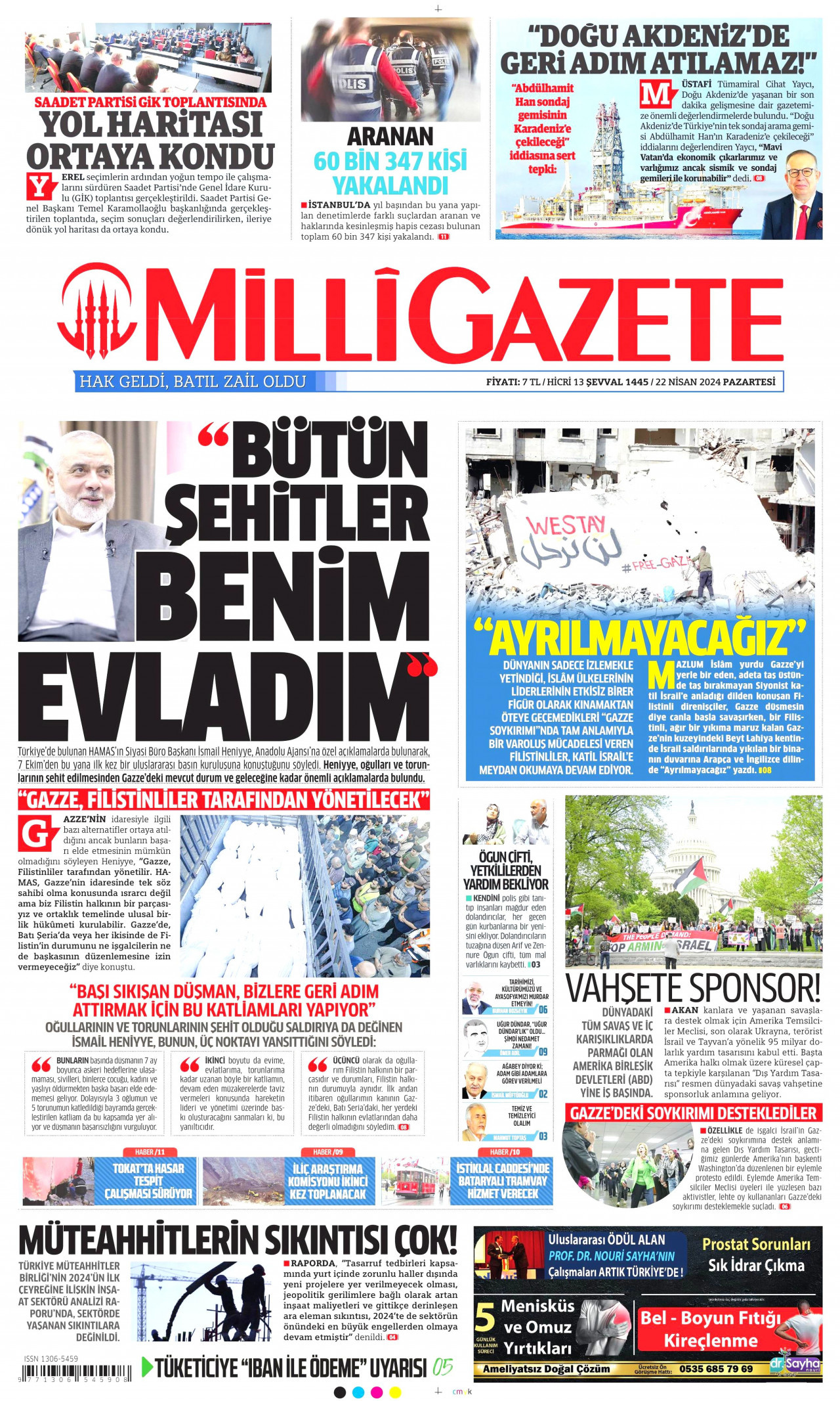 MİLLİ GAZETE gazetesinin 22 Nisan 2024 tarihli birinci sayfası