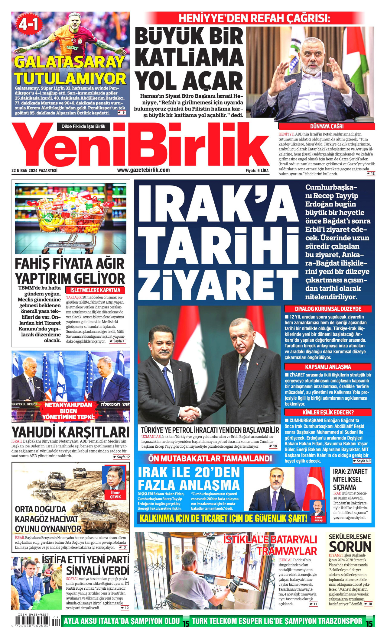 YENİBİRLİK gazetesinin 22 Nisan 2024 tarihli birinci sayfası