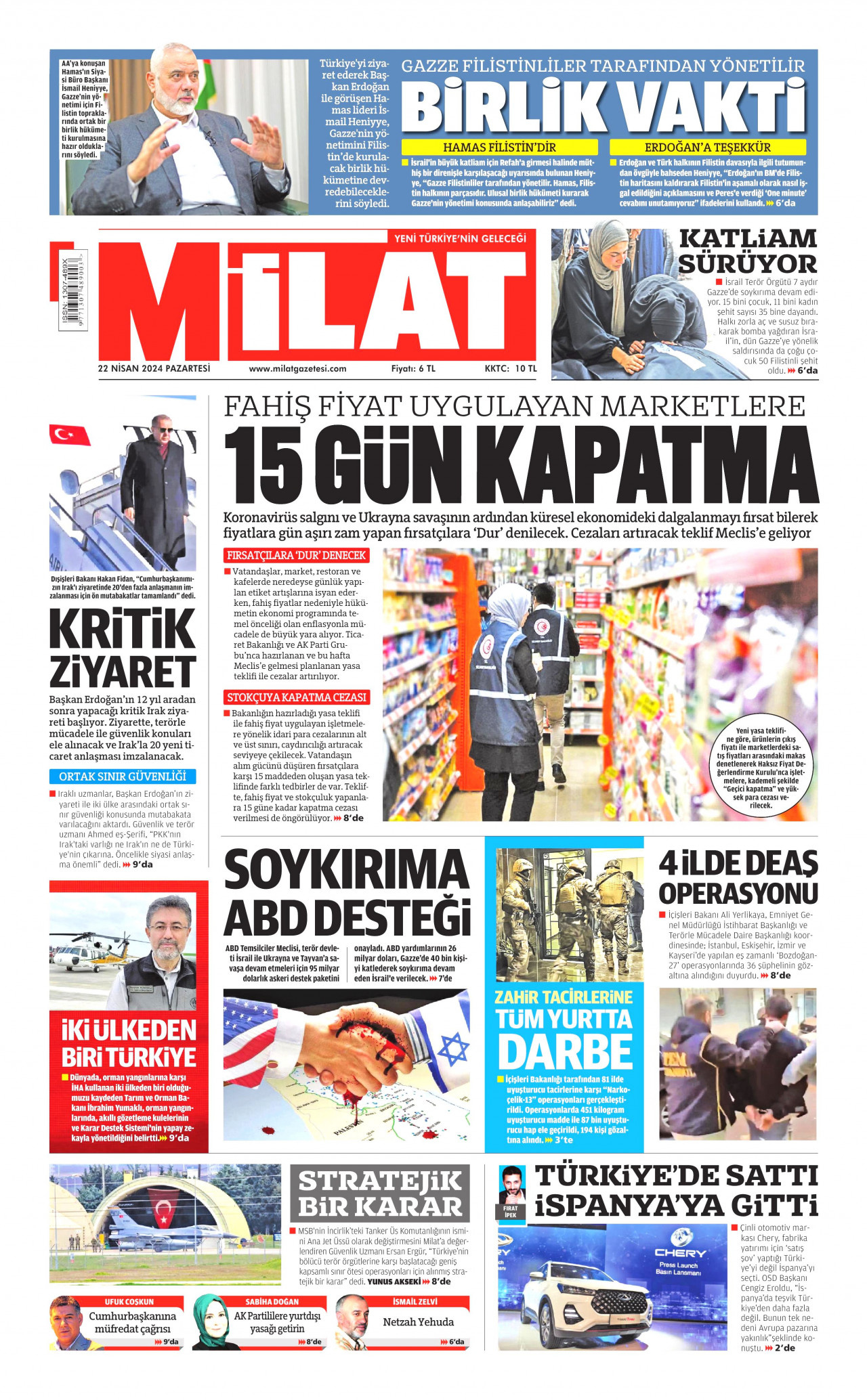MİLAT gazetesinin 22 Nisan 2024 tarihli birinci sayfası