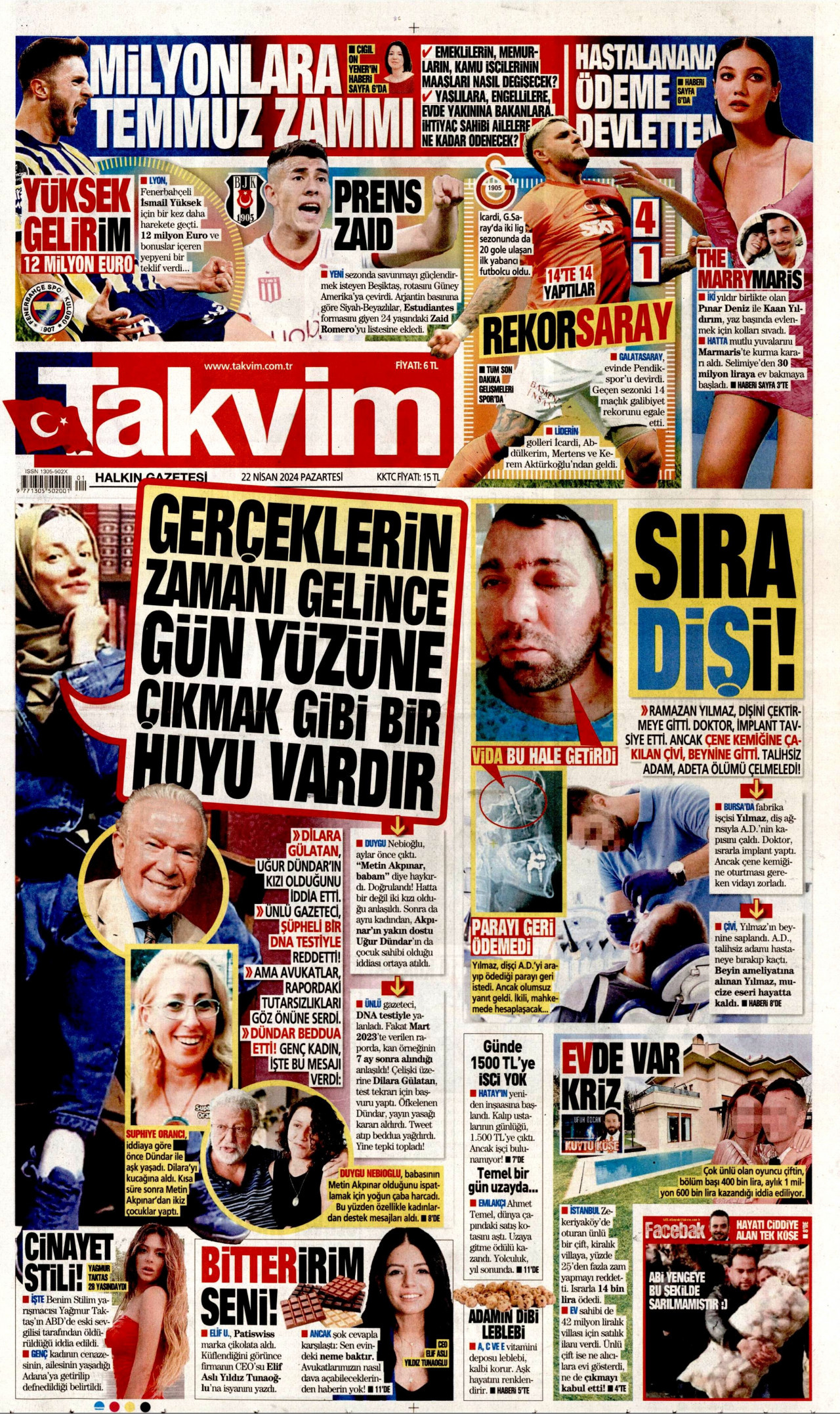 TAKVİM gazetesinin 22 Nisan 2024 tarihli birinci sayfası