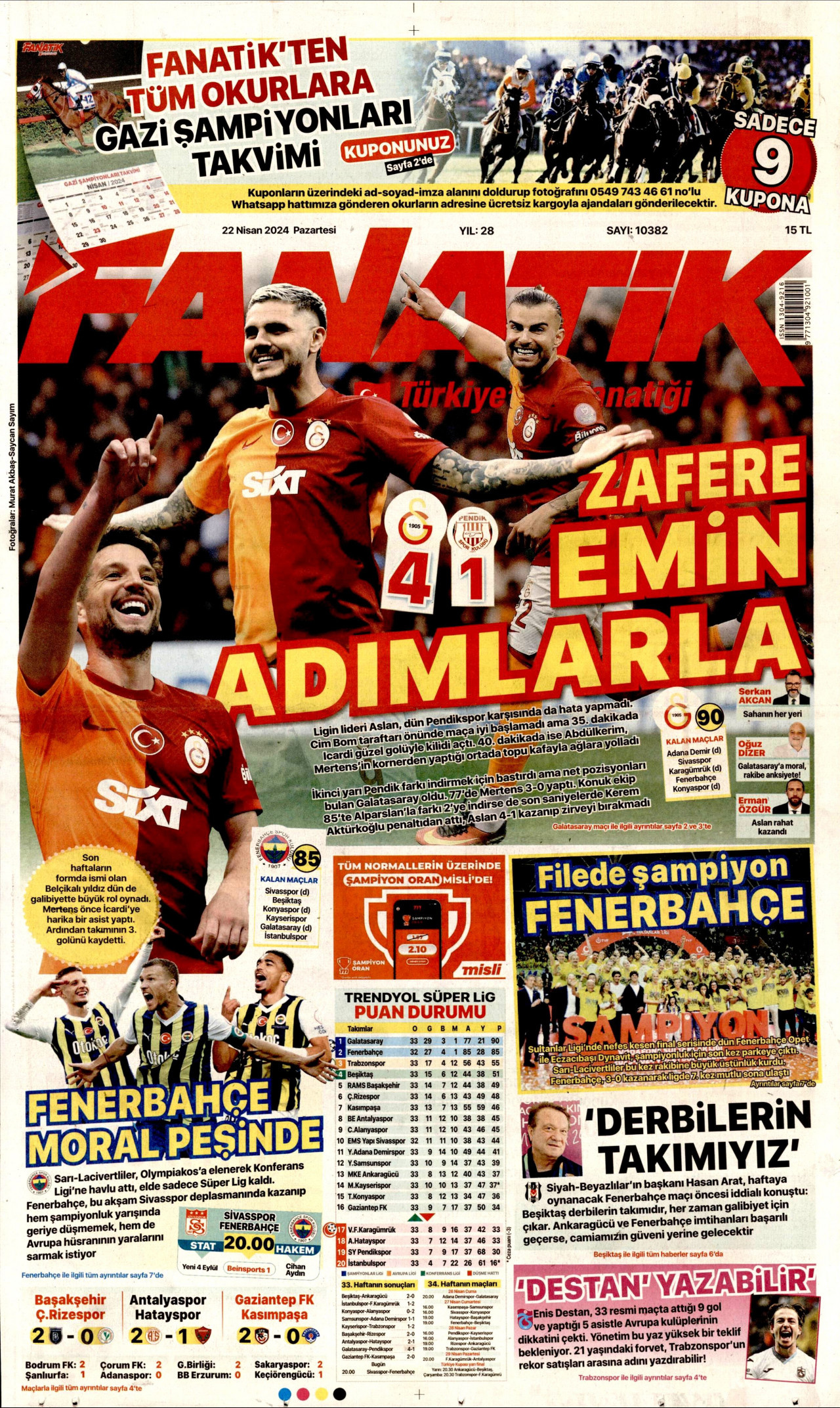 FANATİK gazetesinin 22 Nisan 2024 tarihli birinci sayfası