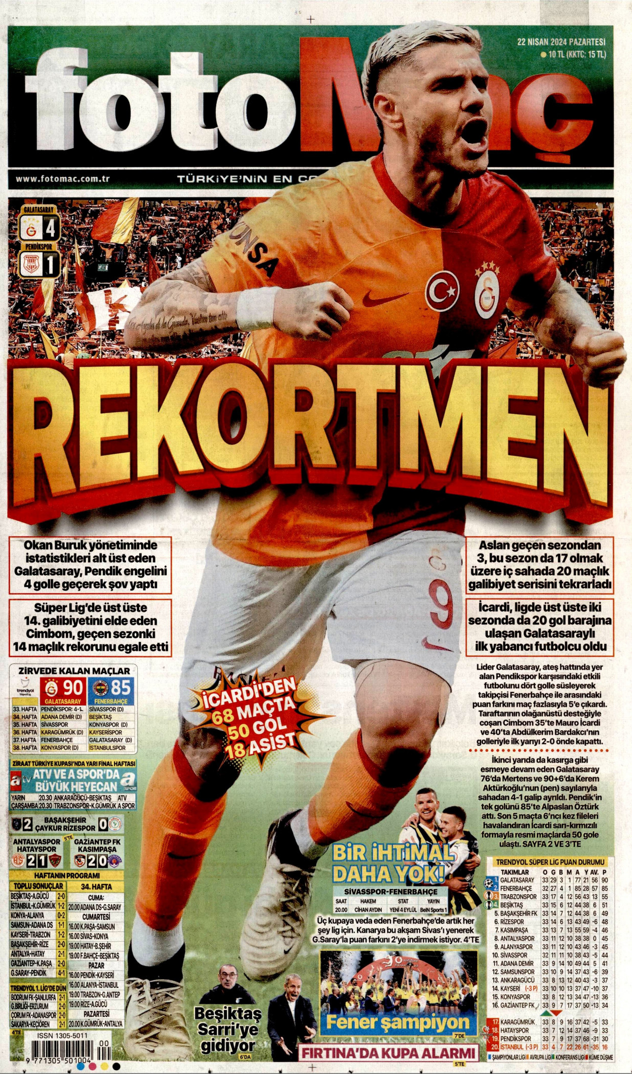 FOTOMAÇ gazetesinin 22 Nisan 2024 tarihli birinci sayfası