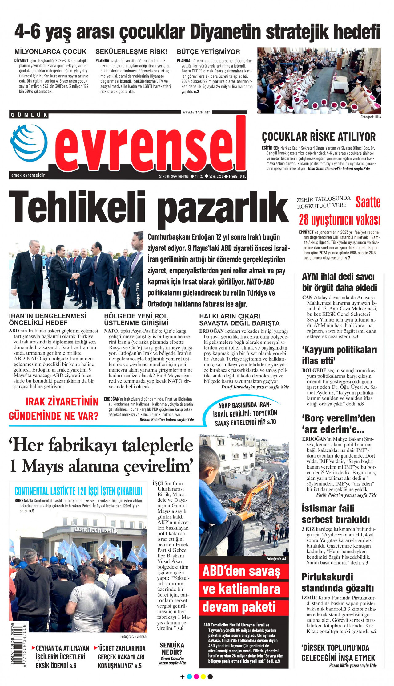 EVRENSEL gazetesinin 22 Nisan 2024 tarihli birinci sayfası