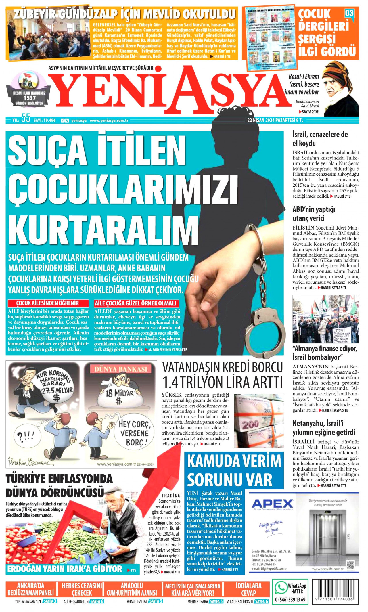 YENİ ASYA gazetesinin 22 Nisan 2024 tarihli birinci sayfası