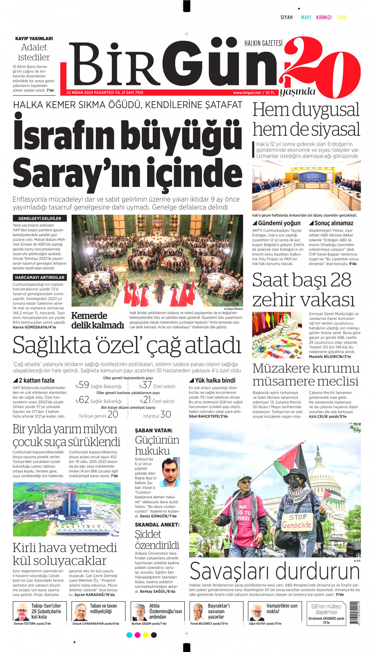 BİRGÜN gazetesinin 22 Nisan 2024 tarihli birinci sayfası