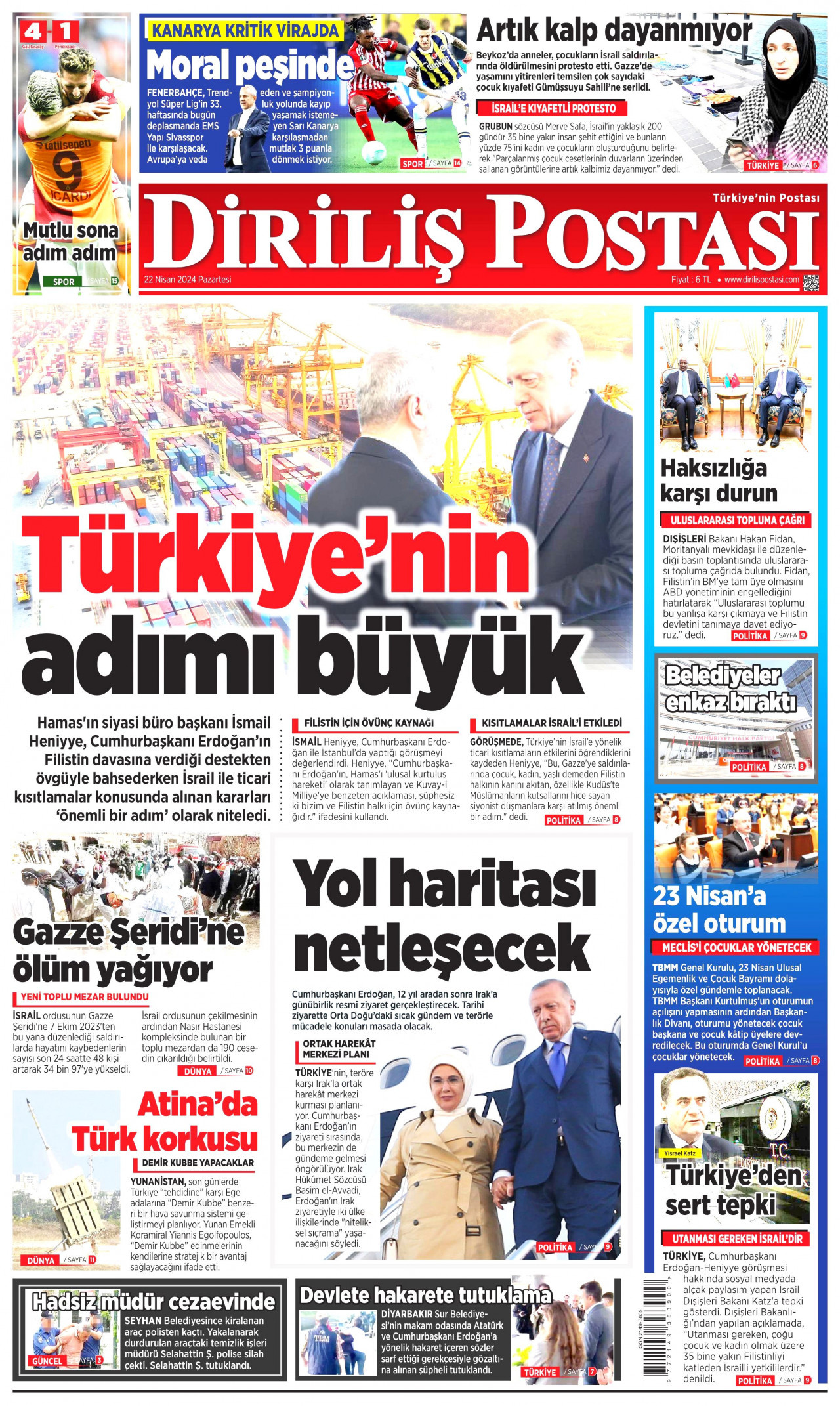 DİRİLİŞ POSTASI gazetesinin 22 Nisan 2024 tarihli birinci sayfası