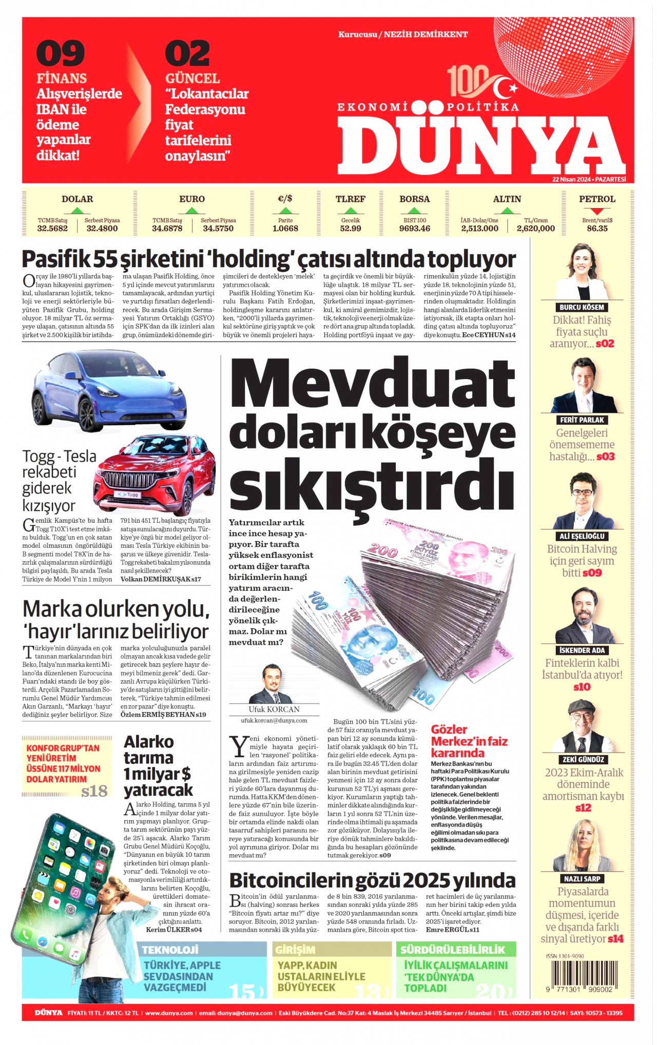 DÜNYA gazetesinin 22 Nisan 2024 tarihli birinci sayfası