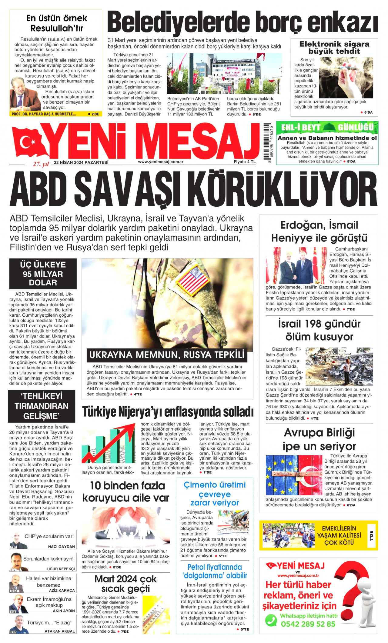 YENİ MESAJ gazetesinin 22 Nisan 2024 tarihli birinci sayfası