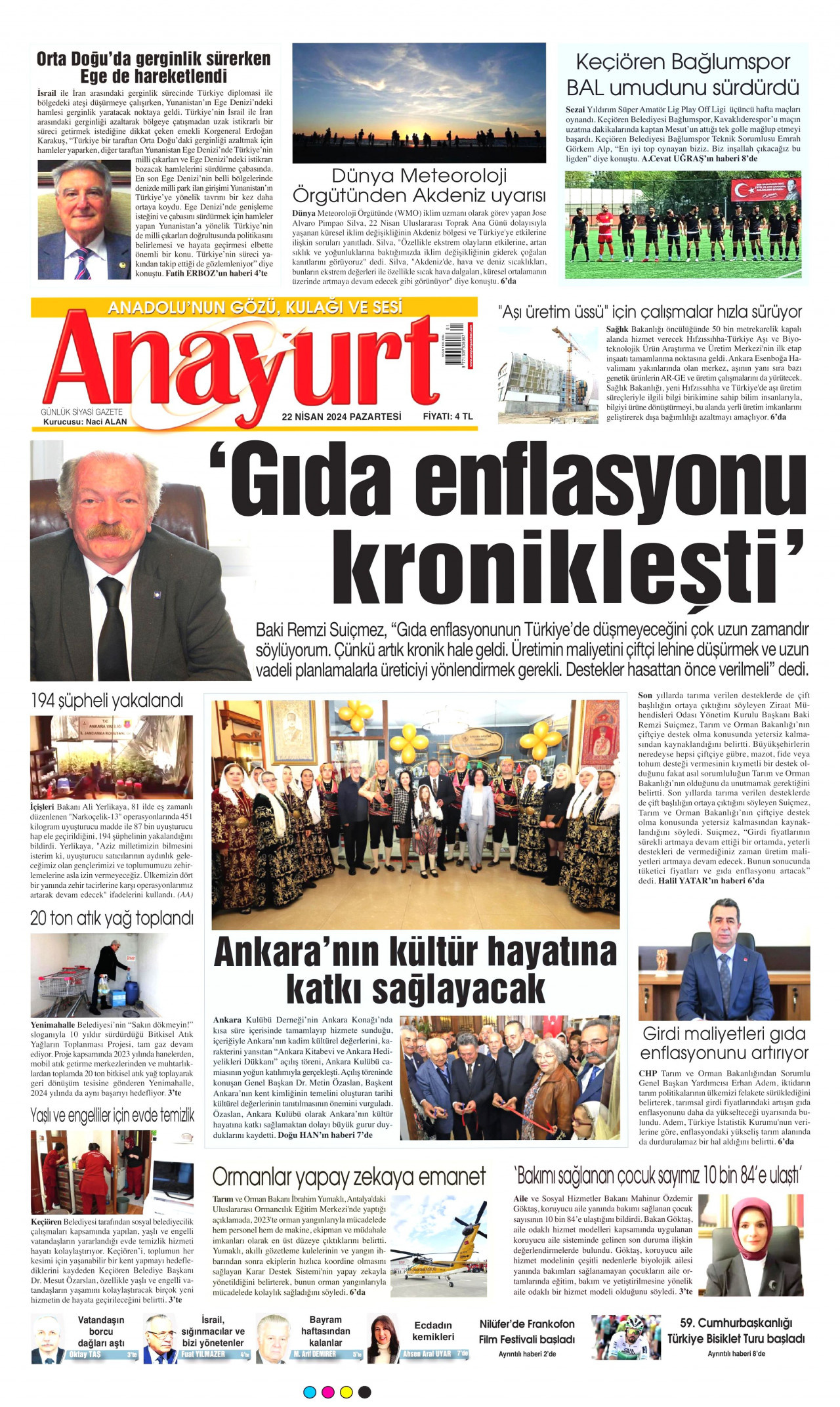 ANAYURT gazetesinin 22 Nisan 2024 tarihli birinci sayfası