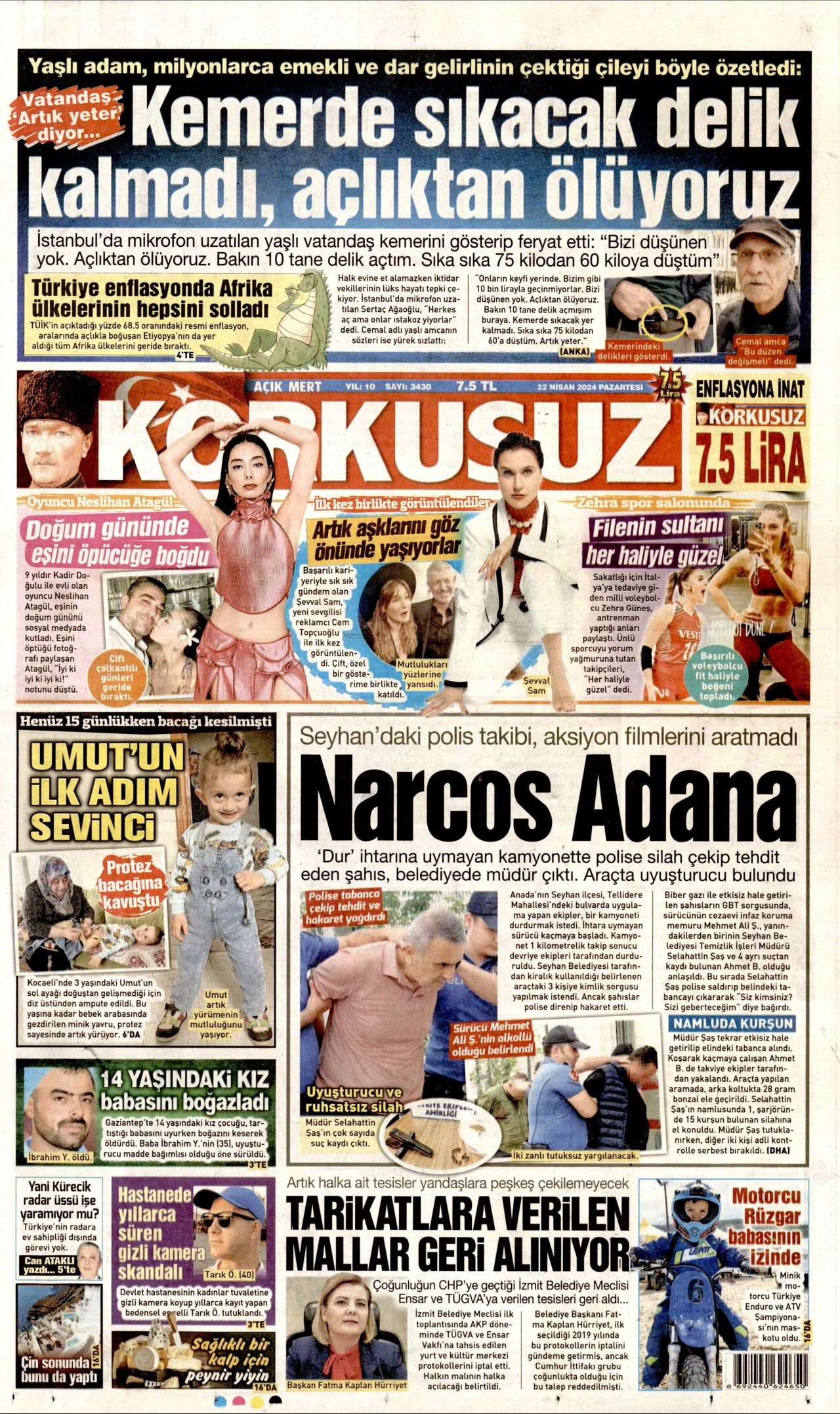 KORKUSUZ gazetesinin 22 Nisan 2024 tarihli birinci sayfası
