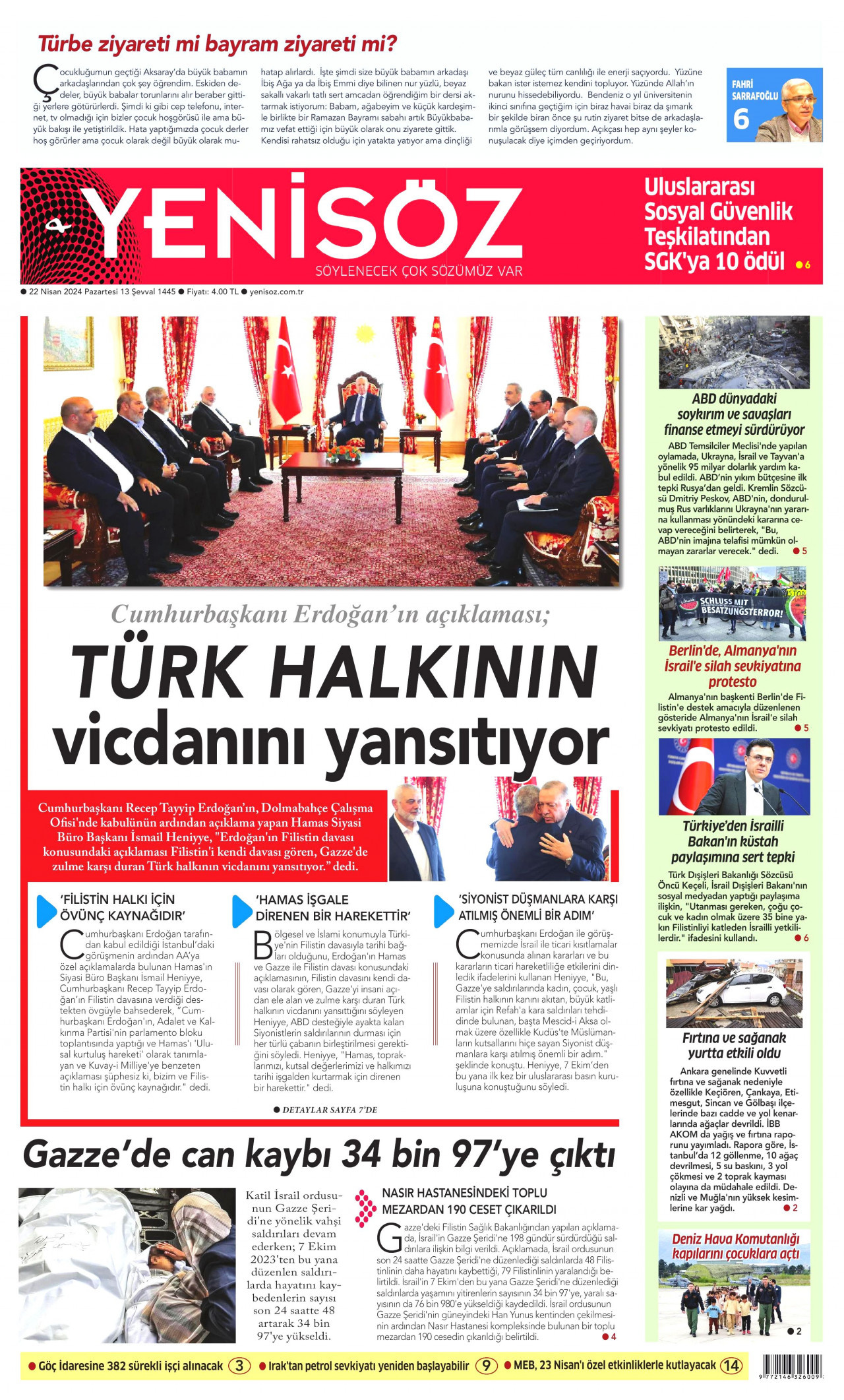 YENİ SÖZ GAZETESİ gazetesinin 22 Nisan 2024 tarihli birinci sayfası