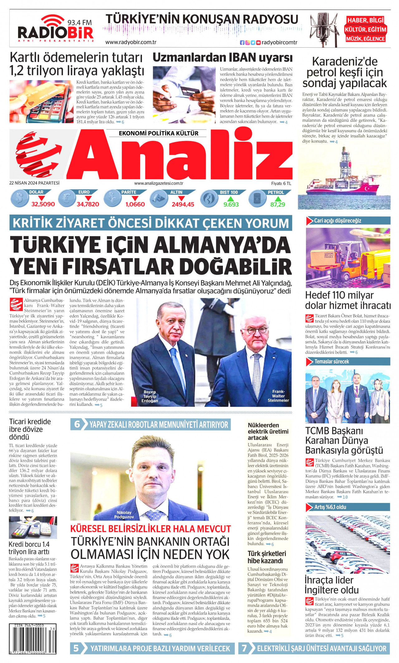ANALİZ gazetesinin 22 Nisan 2024 tarihli birinci sayfası