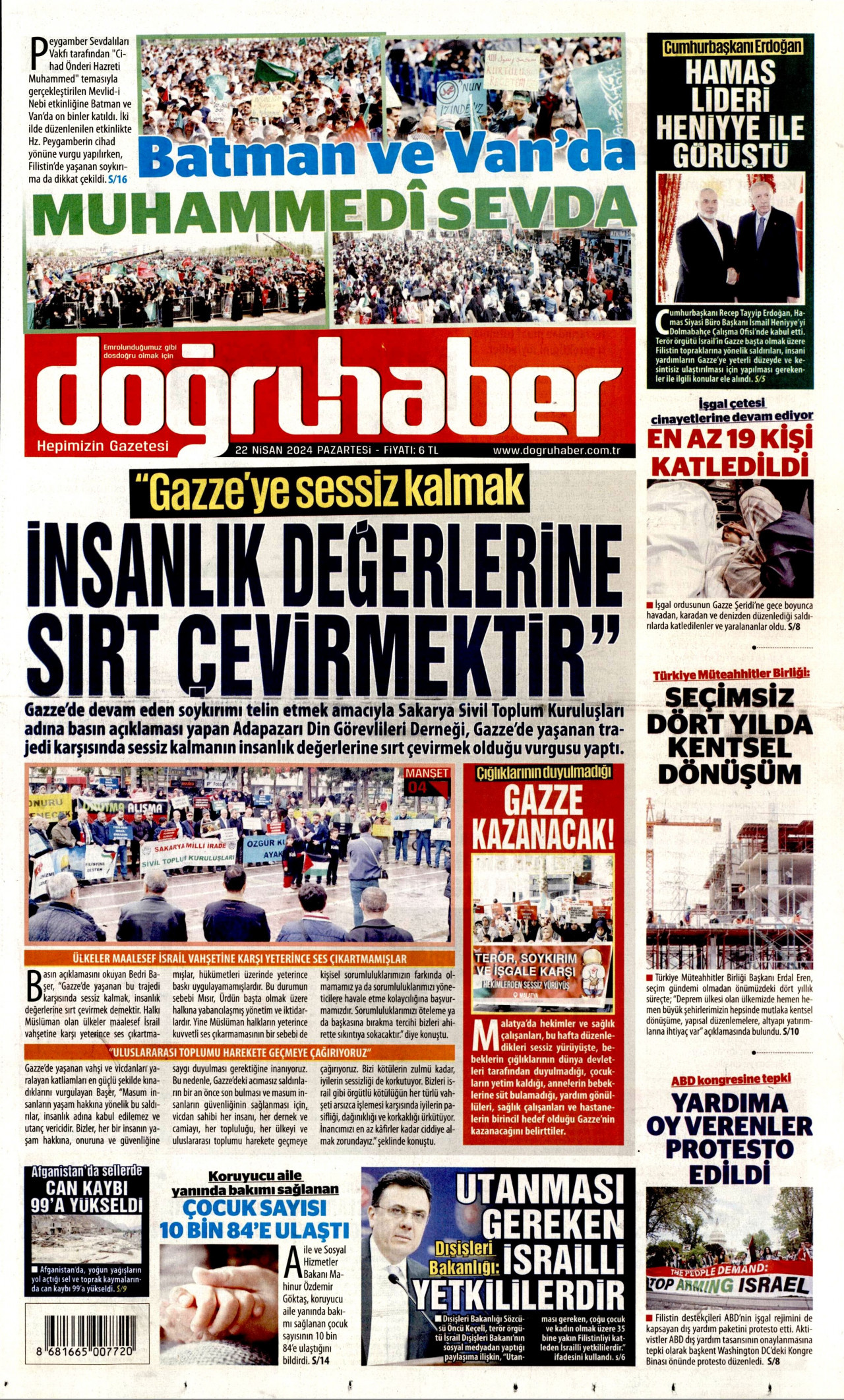 DOĞRU HABER gazetesinin 22 Nisan 2024 tarihli birinci sayfası