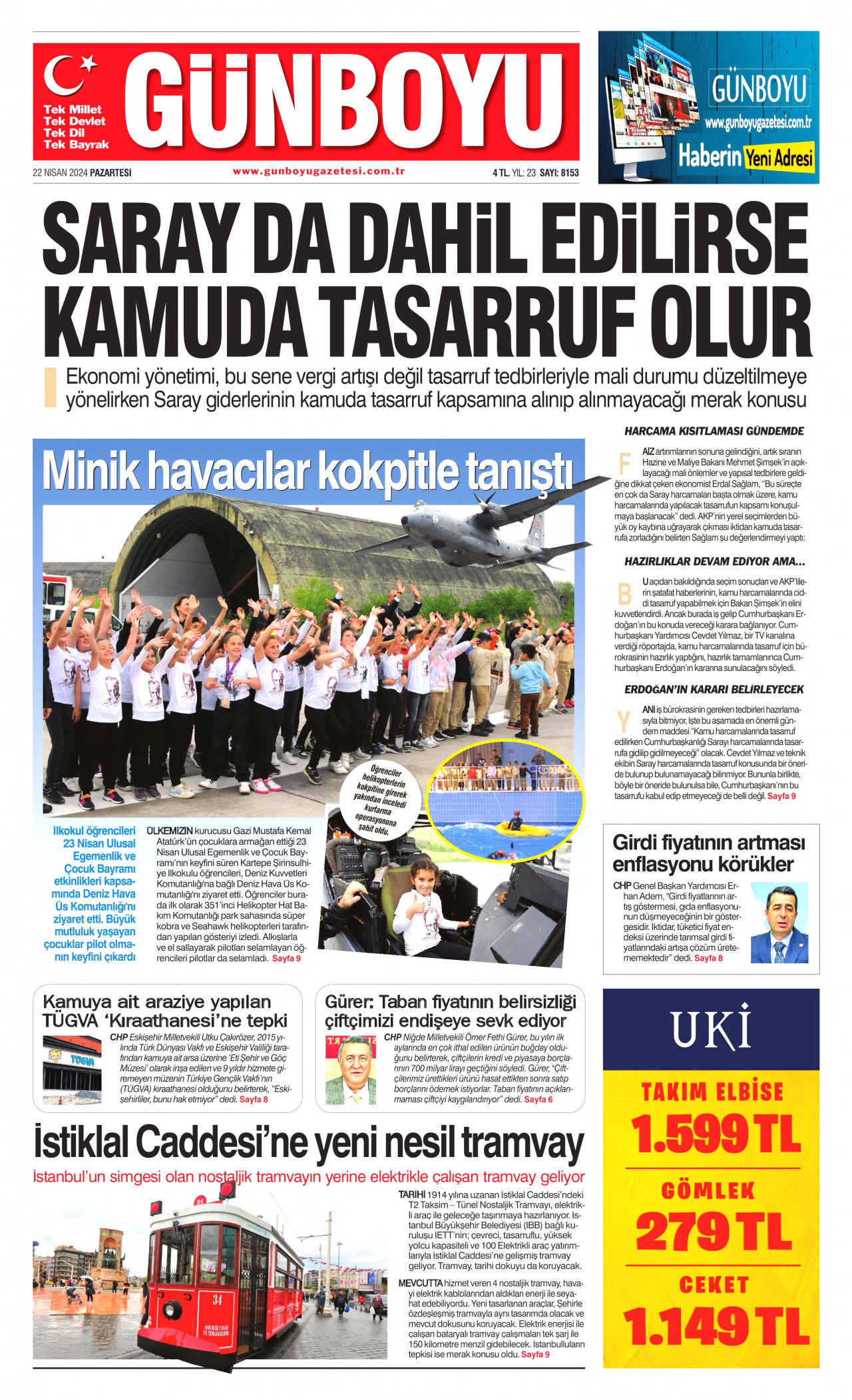 GÜNBOYU gazetesinin 22 Nisan 2024 tarihli birinci sayfası