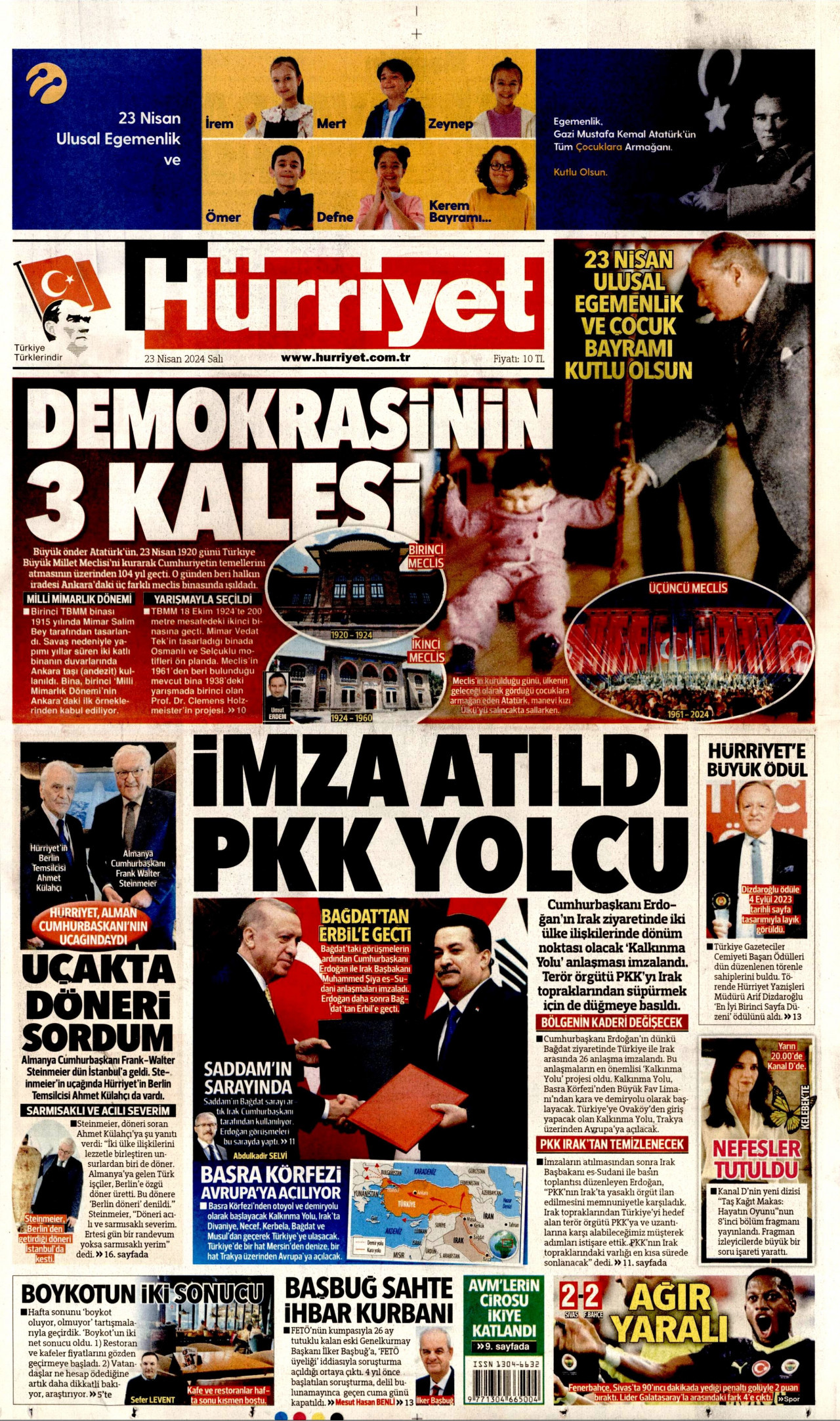 HÜRRİYET gazetesinin 23 Nisan 2024 tarihli birinci sayfası