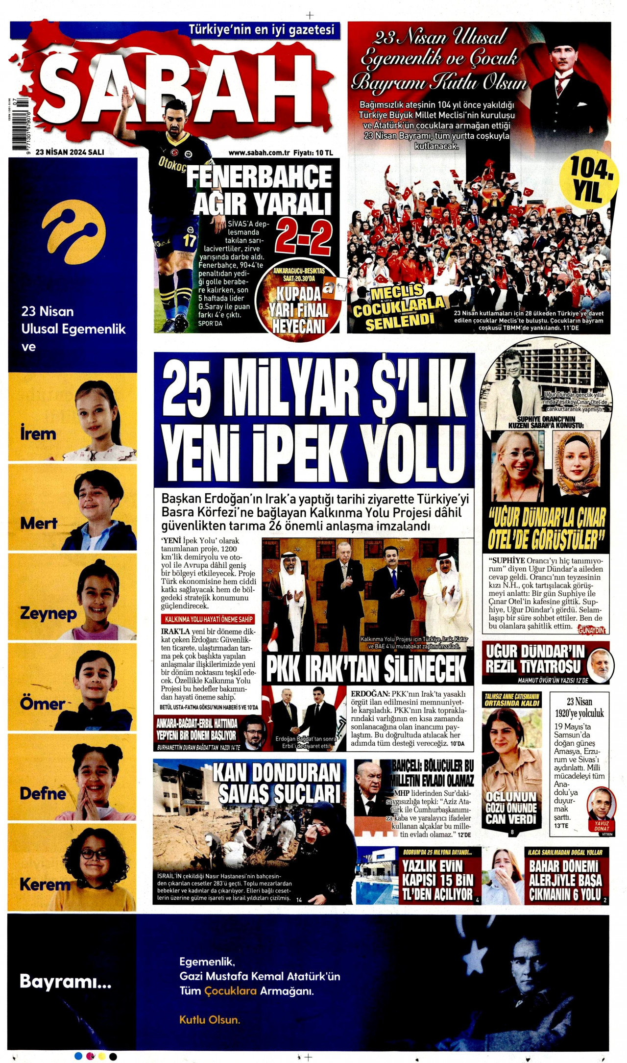 SABAH gazetesinin 23 Nisan 2024 tarihli birinci sayfası
