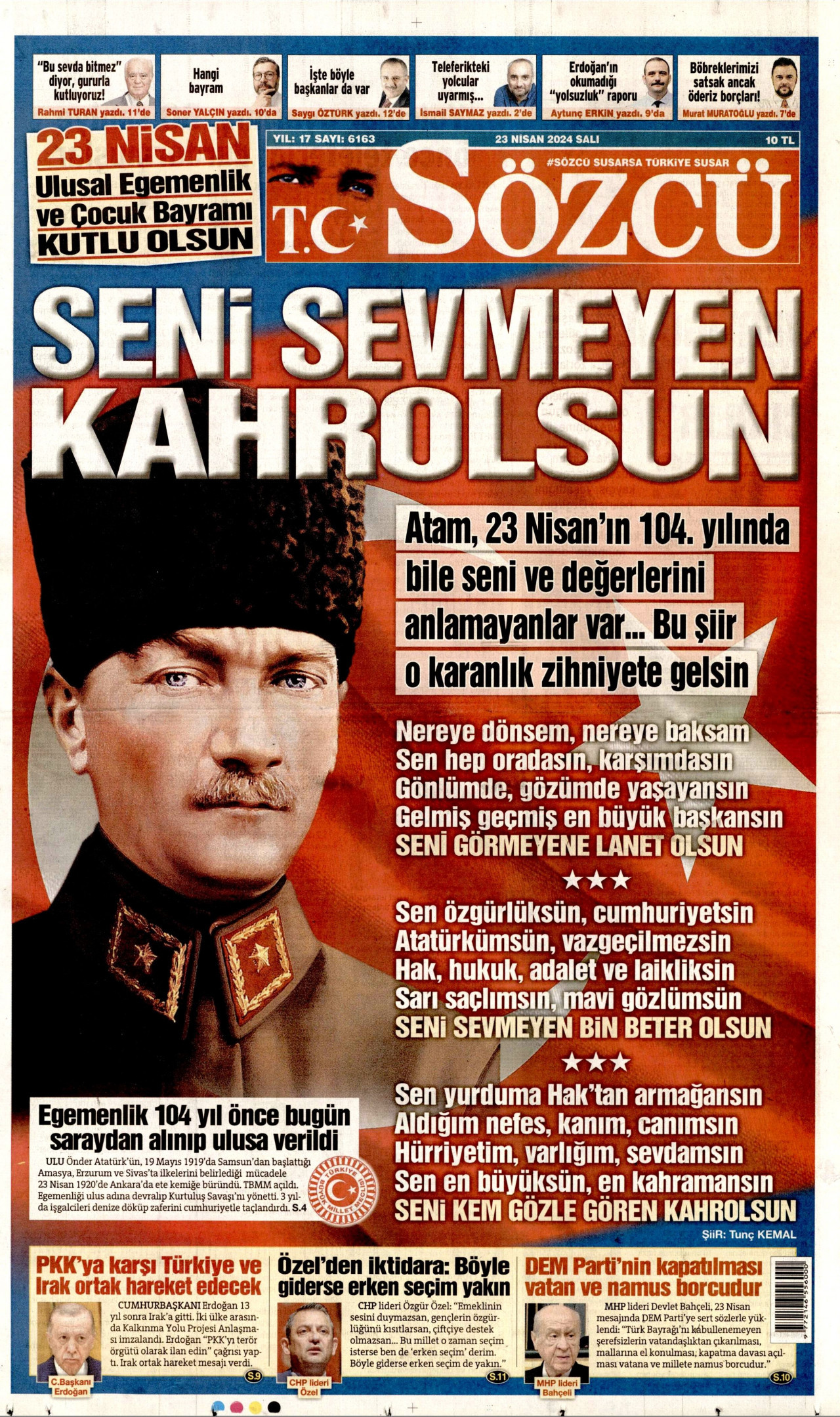 SÖZCÜ gazetesinin 23 Nisan 2024 tarihli birinci sayfası
