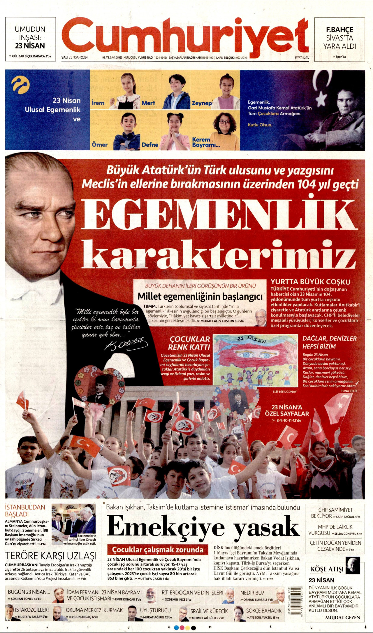 CUMHURİYET gazetesinin 23 Nisan 2024 tarihli birinci sayfası