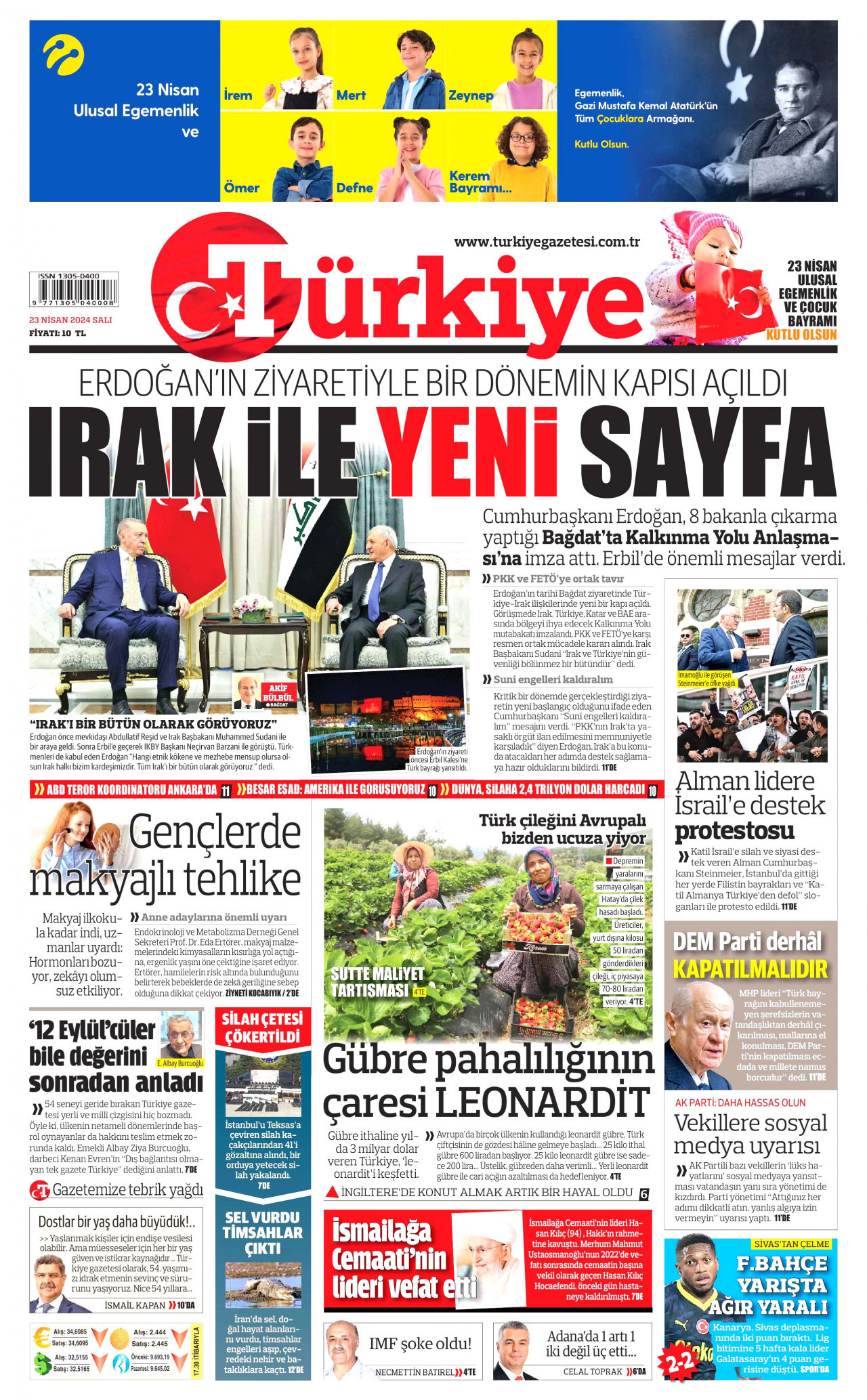TÜRKİYE GAZETESİ gazetesinin 23 Nisan 2024 tarihli birinci sayfası