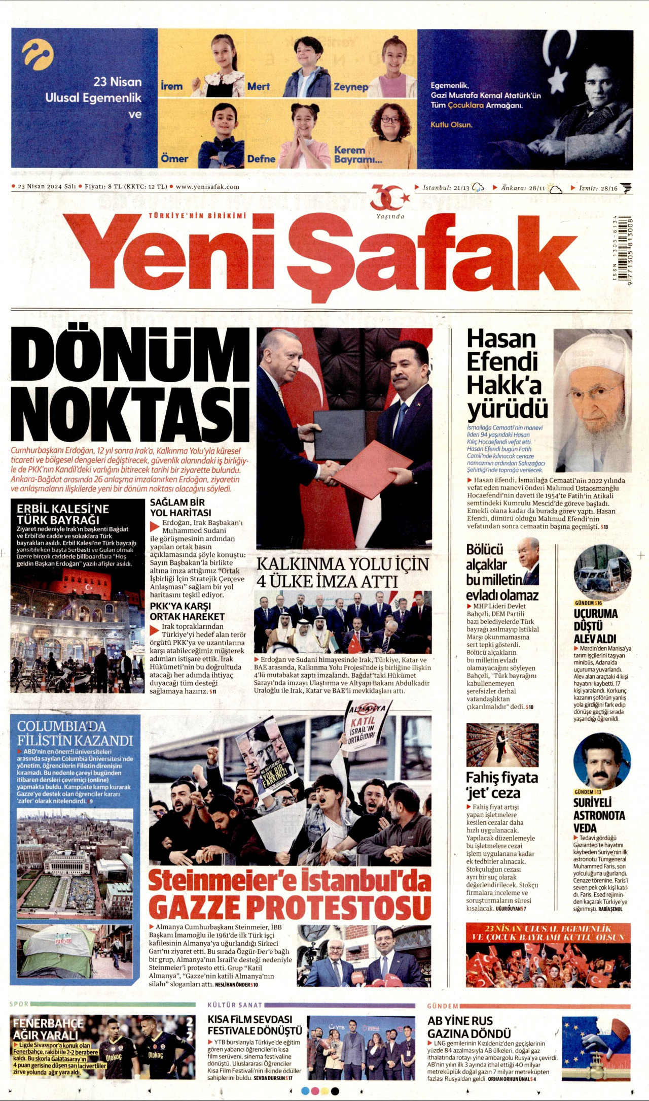 YENİ ŞAFAK gazetesinin 23 Nisan 2024 tarihli birinci sayfası