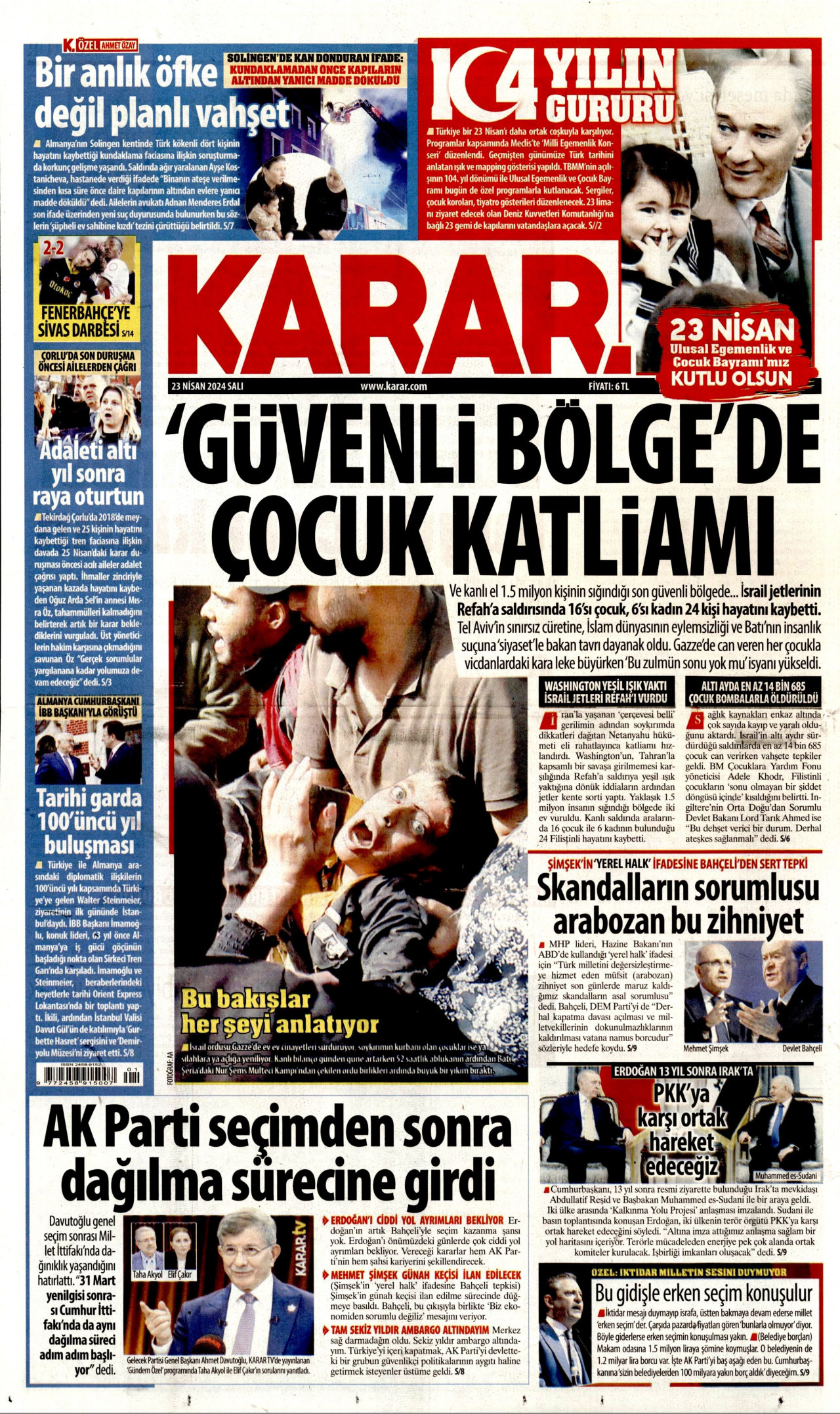 KARAR gazetesinin 23 Nisan 2024 tarihli birinci sayfası