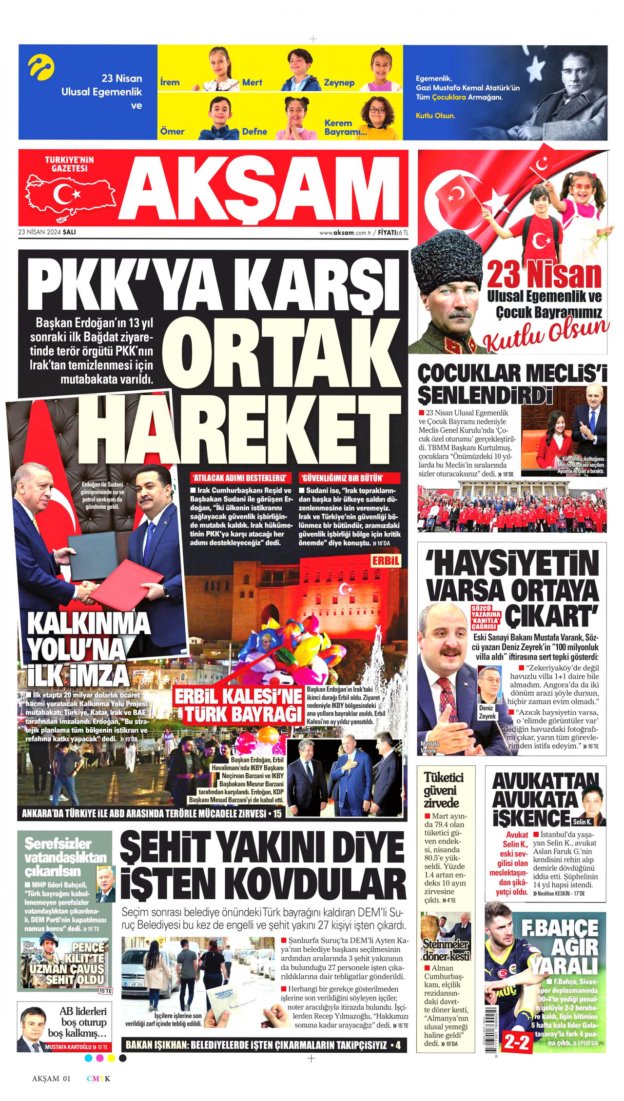 AKŞAM gazetesinin 23 Nisan 2024 tarihli birinci sayfası