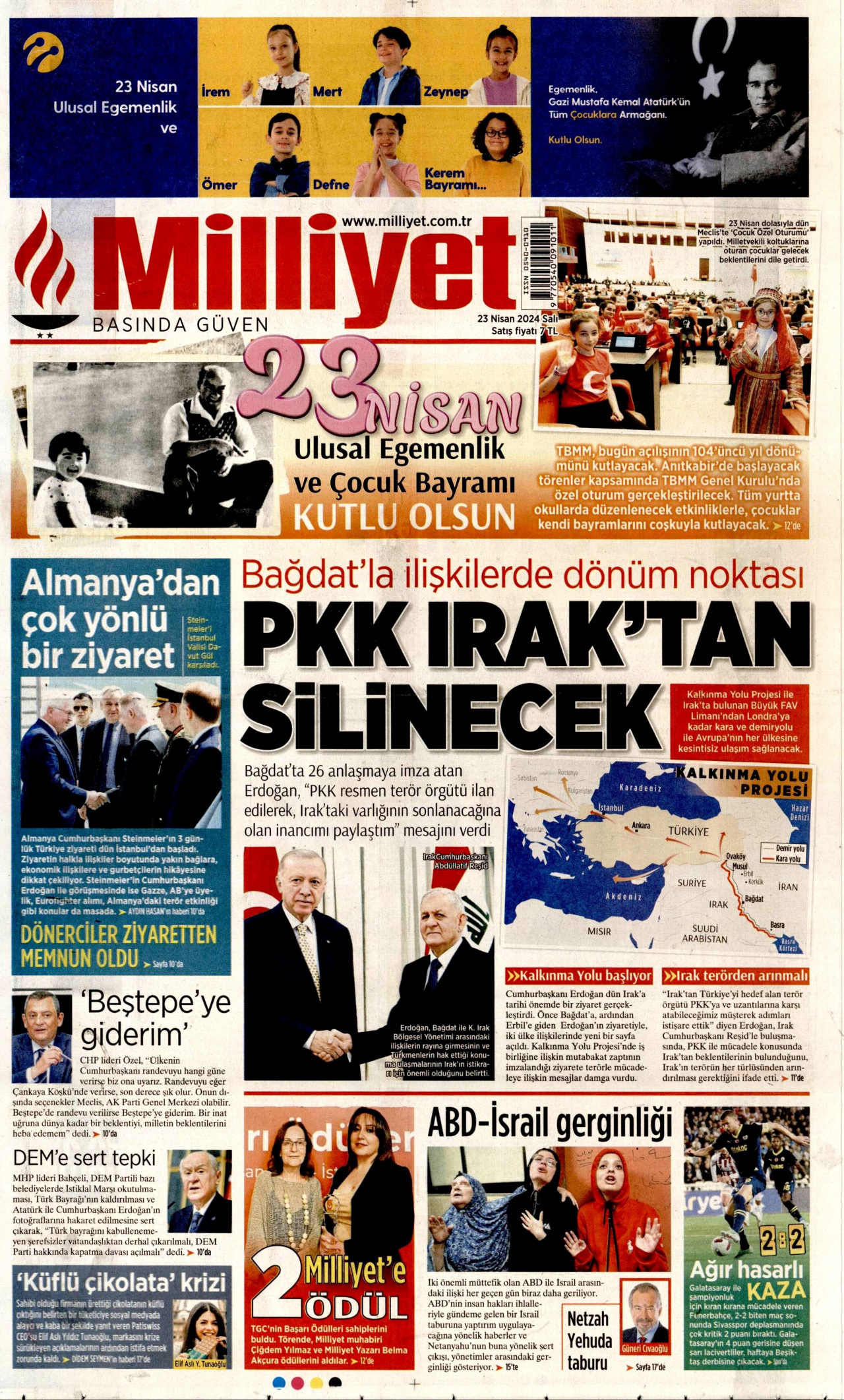 MİLLİYET gazetesinin 23 Nisan 2024 tarihli birinci sayfası