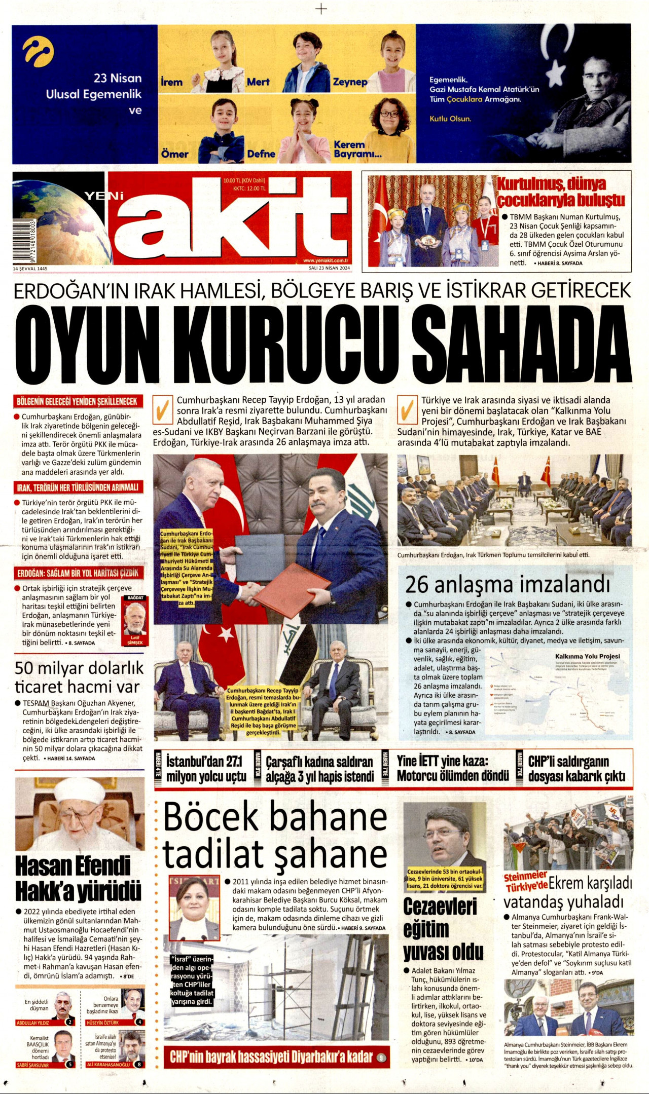 YENİ AKİT gazetesinin 23 Nisan 2024 tarihli birinci sayfası