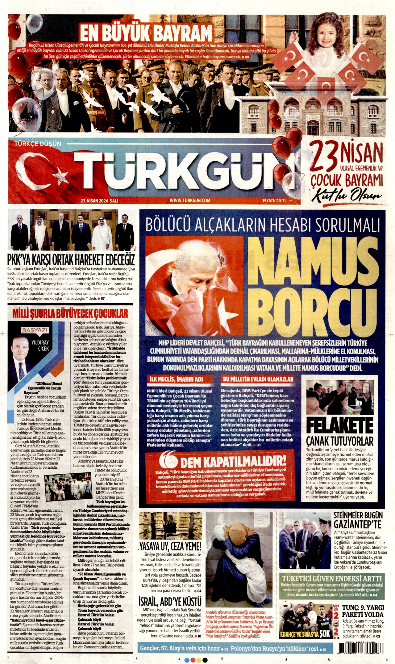 TÜRKGÜN gazetesinin 23 Nisan 2024 tarihli birinci sayfası
