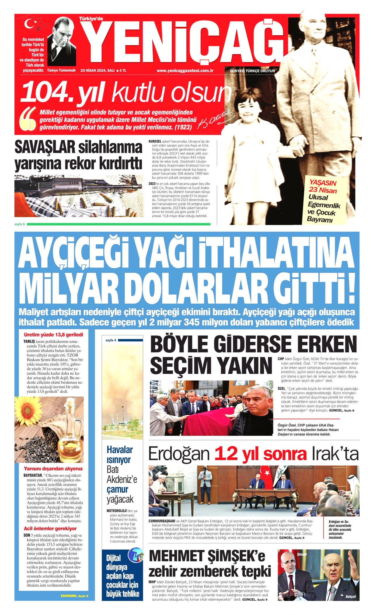 YENİÇAĞ gazetesinin 23 Nisan 2024 tarihli birinci sayfası