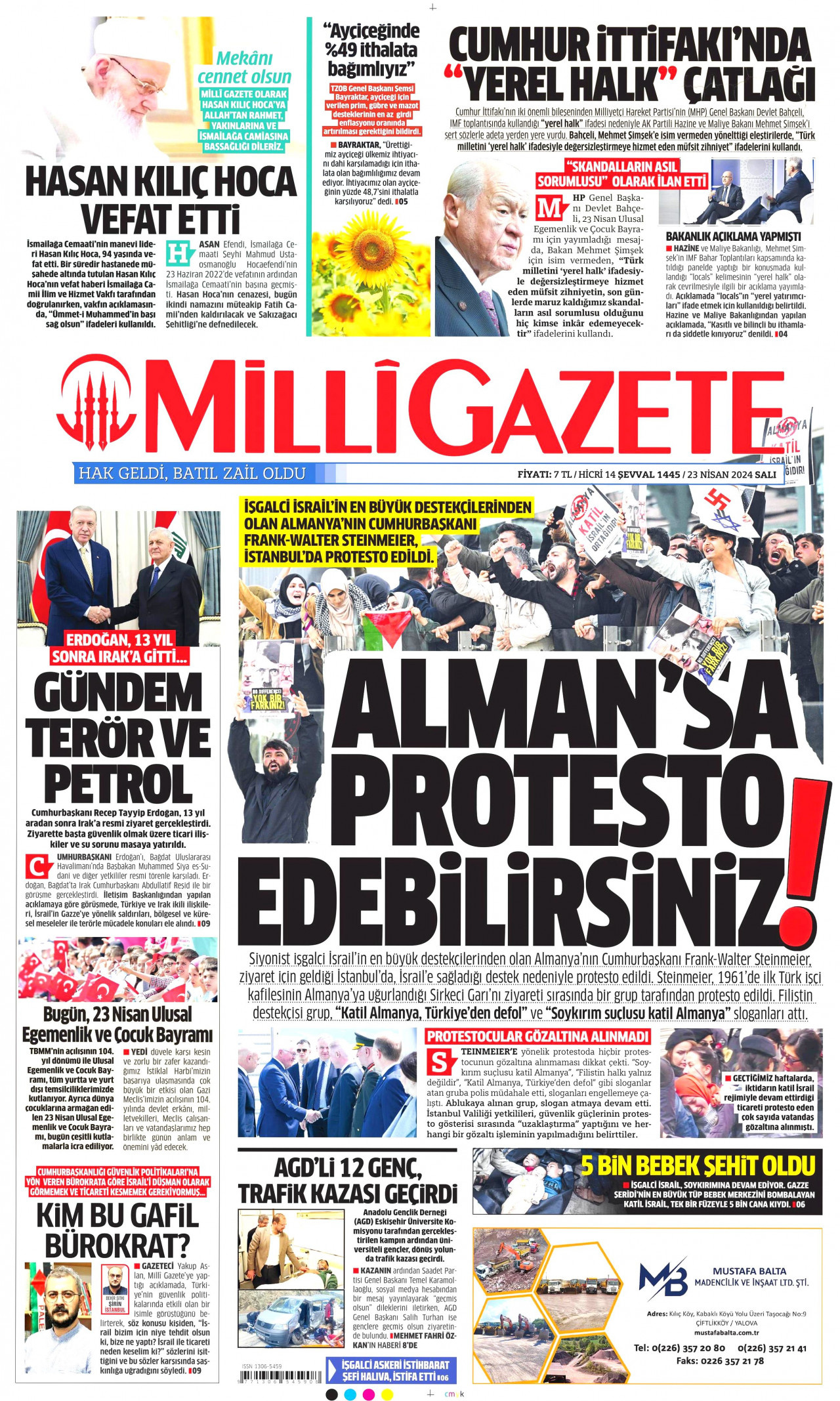 MİLLİ GAZETE gazetesinin 23 Nisan 2024 tarihli birinci sayfası