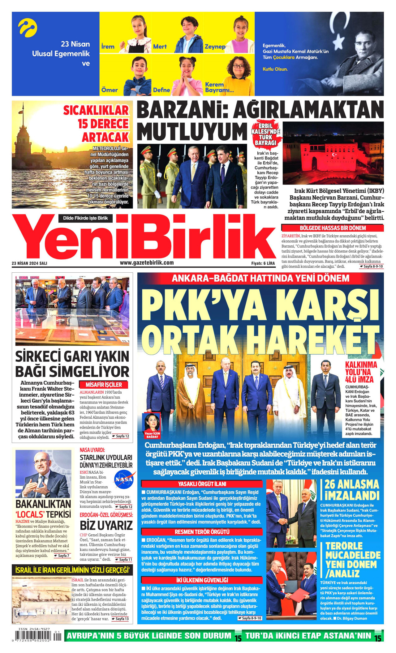 YENİBİRLİK gazetesinin 23 Nisan 2024 tarihli birinci sayfası