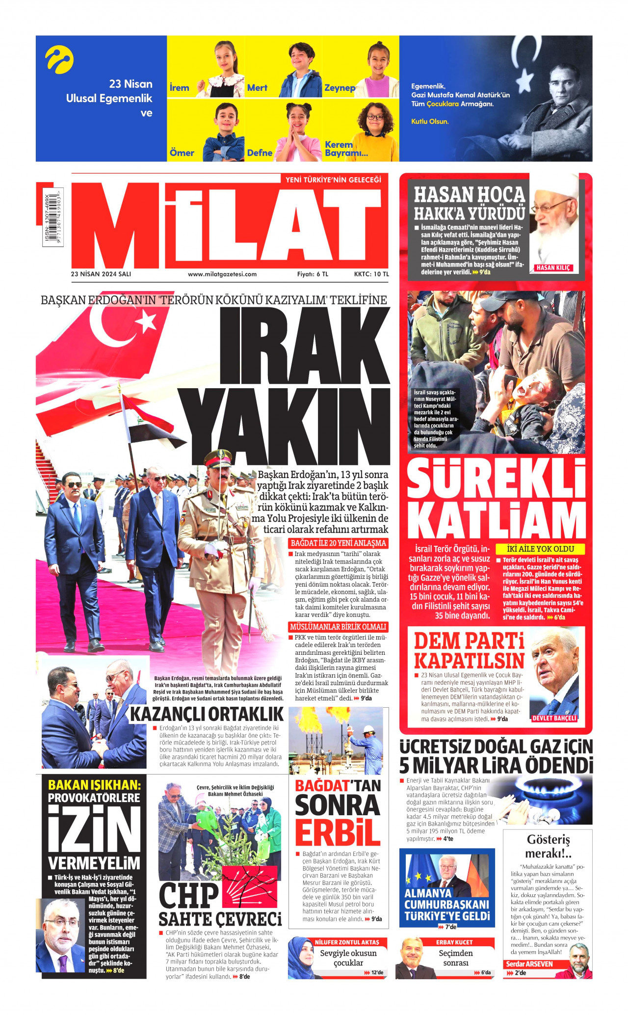 MİLAT gazetesinin 23 Nisan 2024 tarihli birinci sayfası