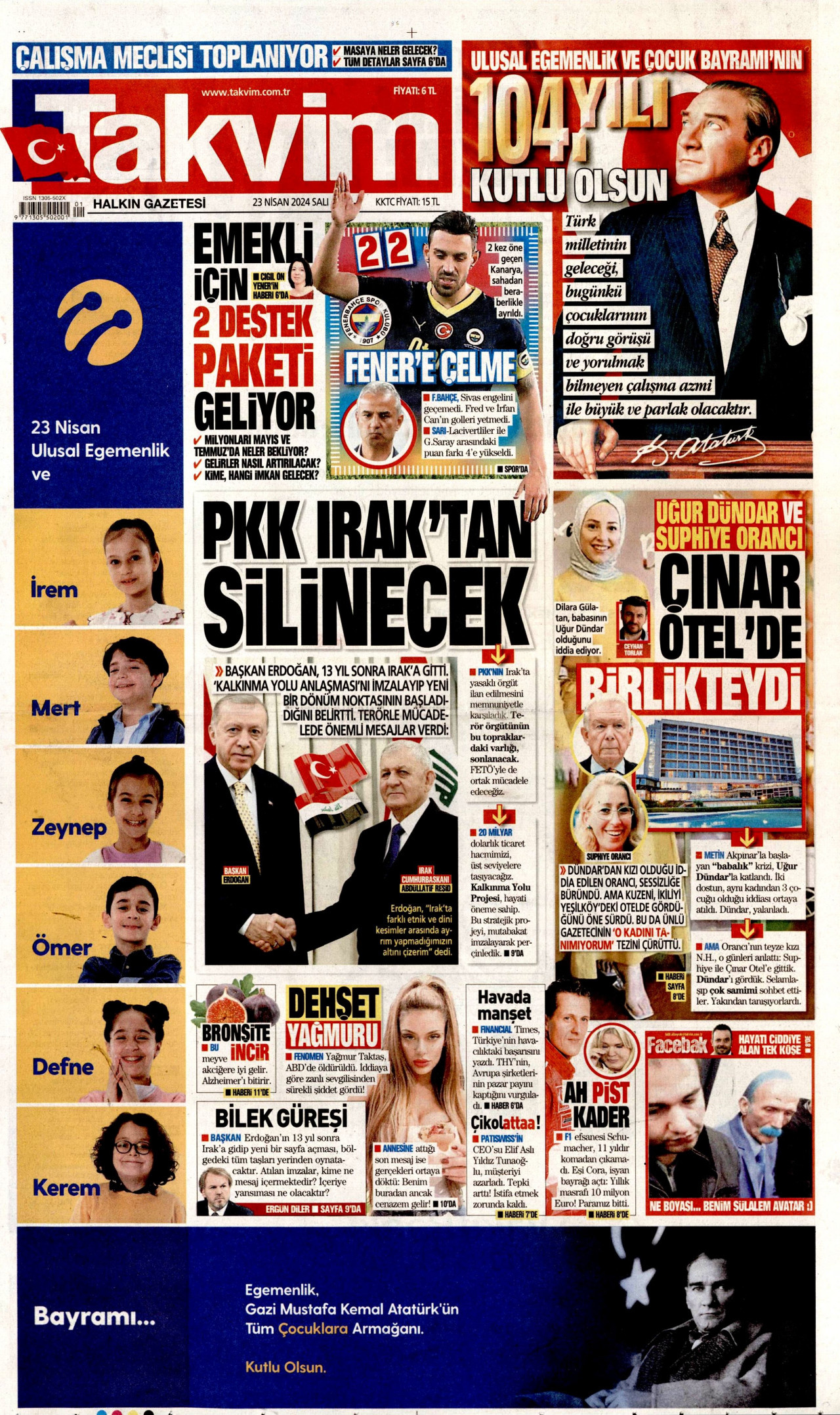 TAKVİM gazetesinin 23 Nisan 2024 tarihli birinci sayfası