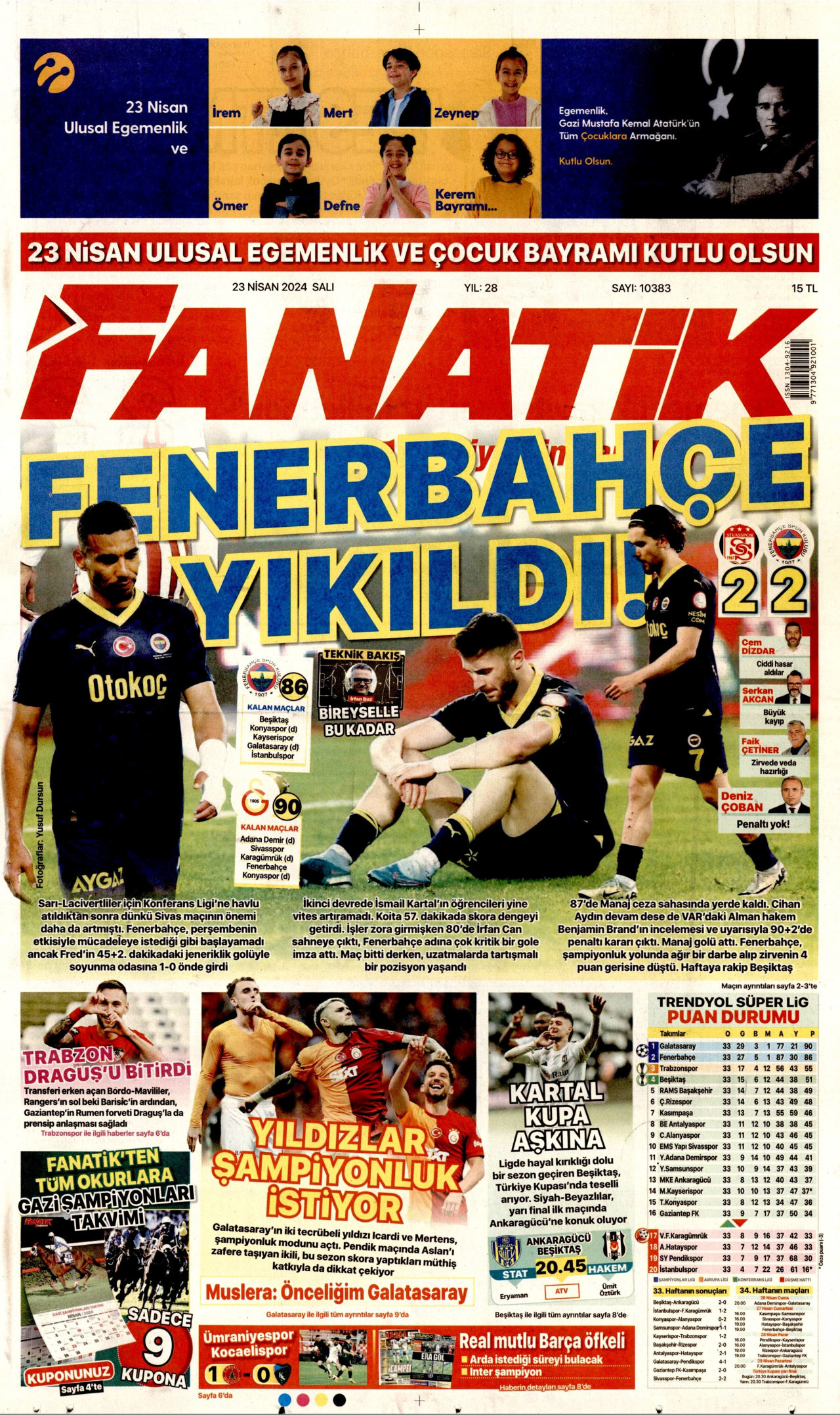 FANATİK gazetesinin 23 Nisan 2024 tarihli birinci sayfası